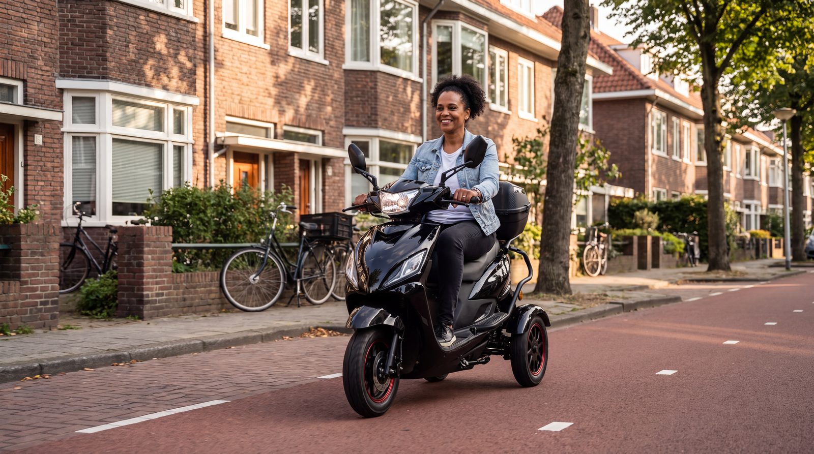 Vrouw rijdt op een zwarte IVA driewiel scooter door een Nederlandse woonwijk