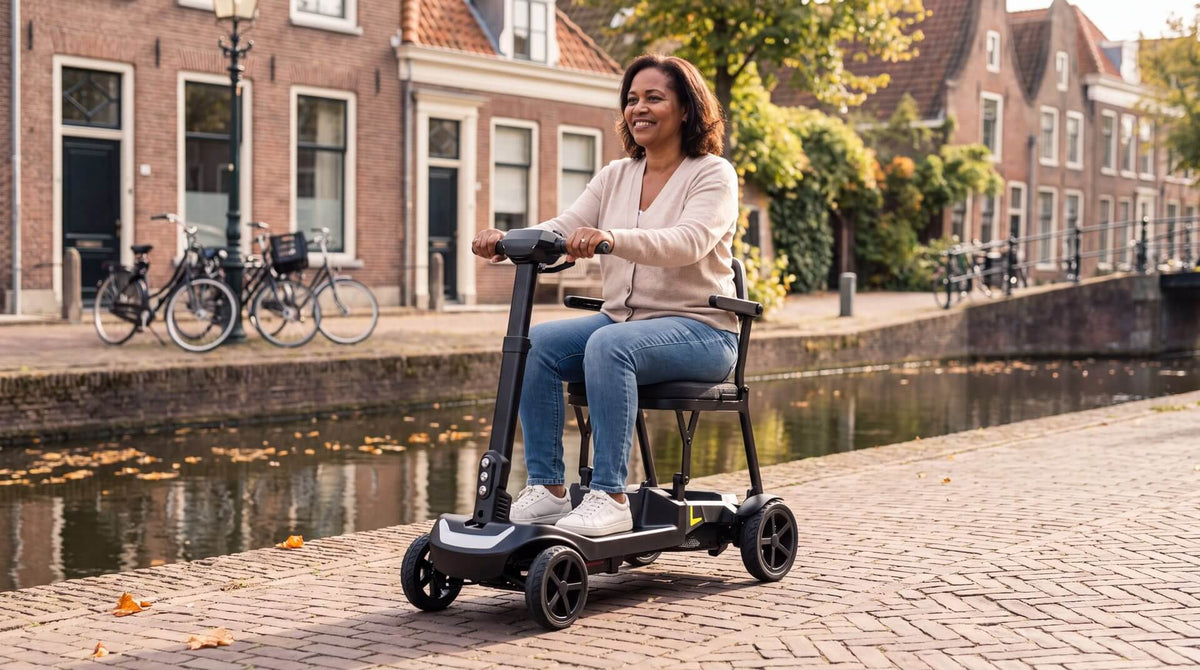 IVA Traveler 500 review 2026 – opvouwbare scootmobiel langs een Nederlandse gracht