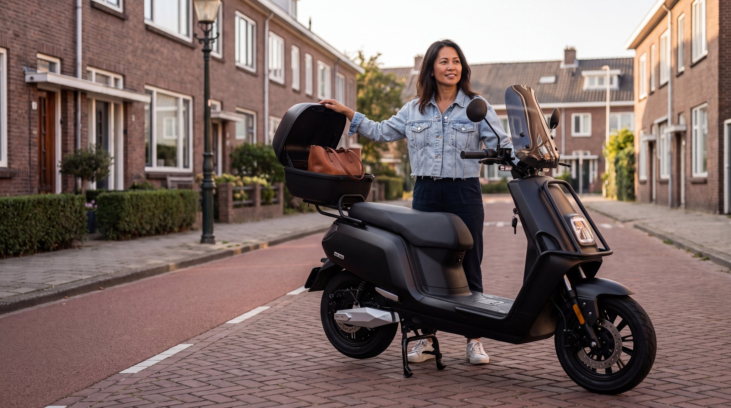 Scooter accessoires 2026 - vrouw bij matzwarte IVA E-GO S5 met windscherm en topkoffer in een Nederlandse straat