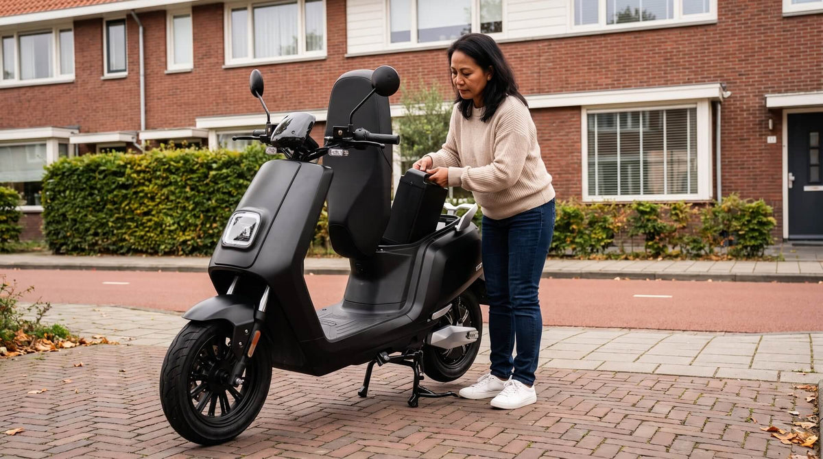 Elektrische scooter opladen: vrouw haalt de uitneembare accu uit een matzwarte IVA E-GO S5 in een Nederlandse straat