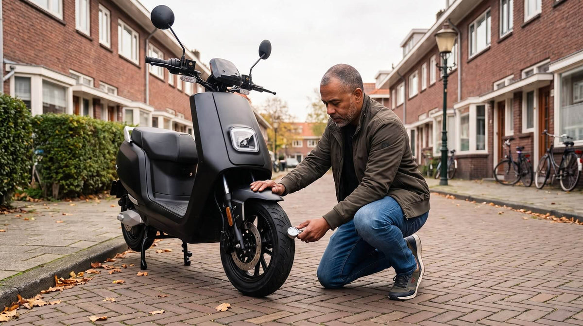 Man controleert de bandenspanning van een IVA E-GO S5 elektrische scooter in een Nederlandse woonstraat