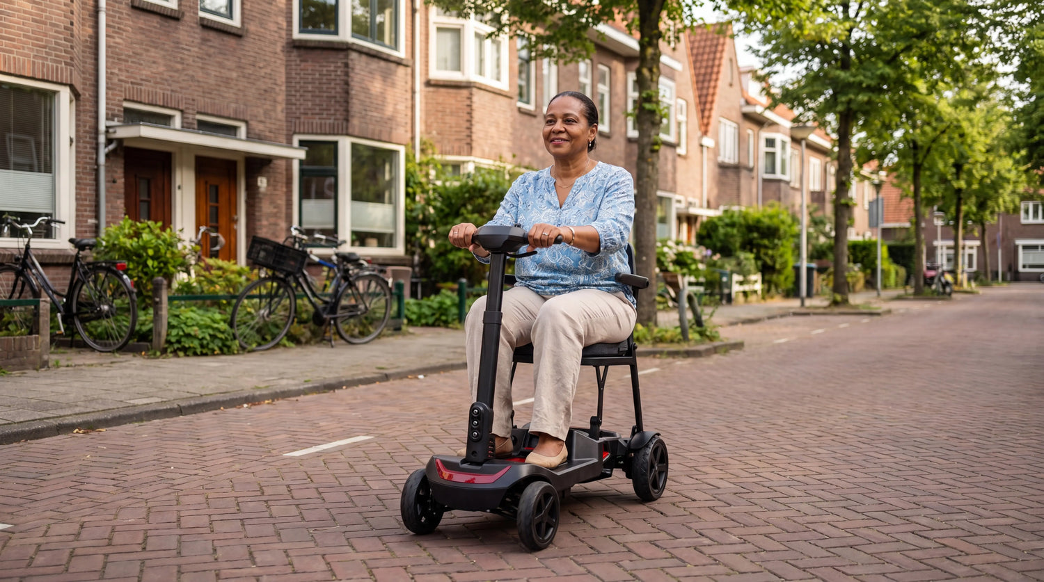 Scootmobiel aanvragen via de WMO – IVA Traveler 500 scootmobiel in een Nederlandse woonwijk