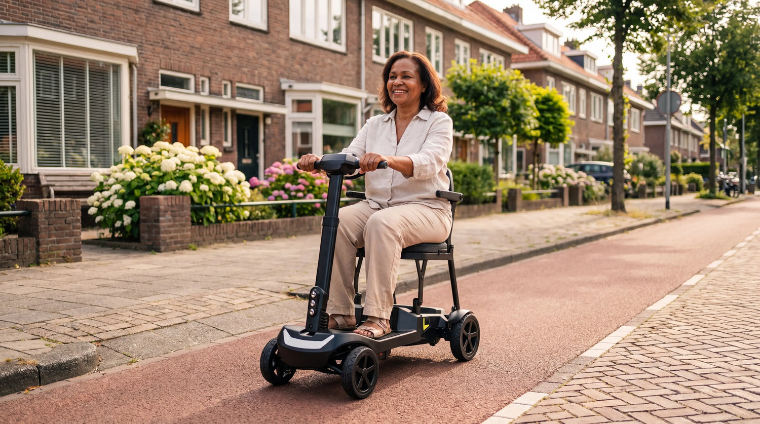 Opvouwbare scootmobiel kopen 2026 – IVA Traveler op een Nederlandse straat