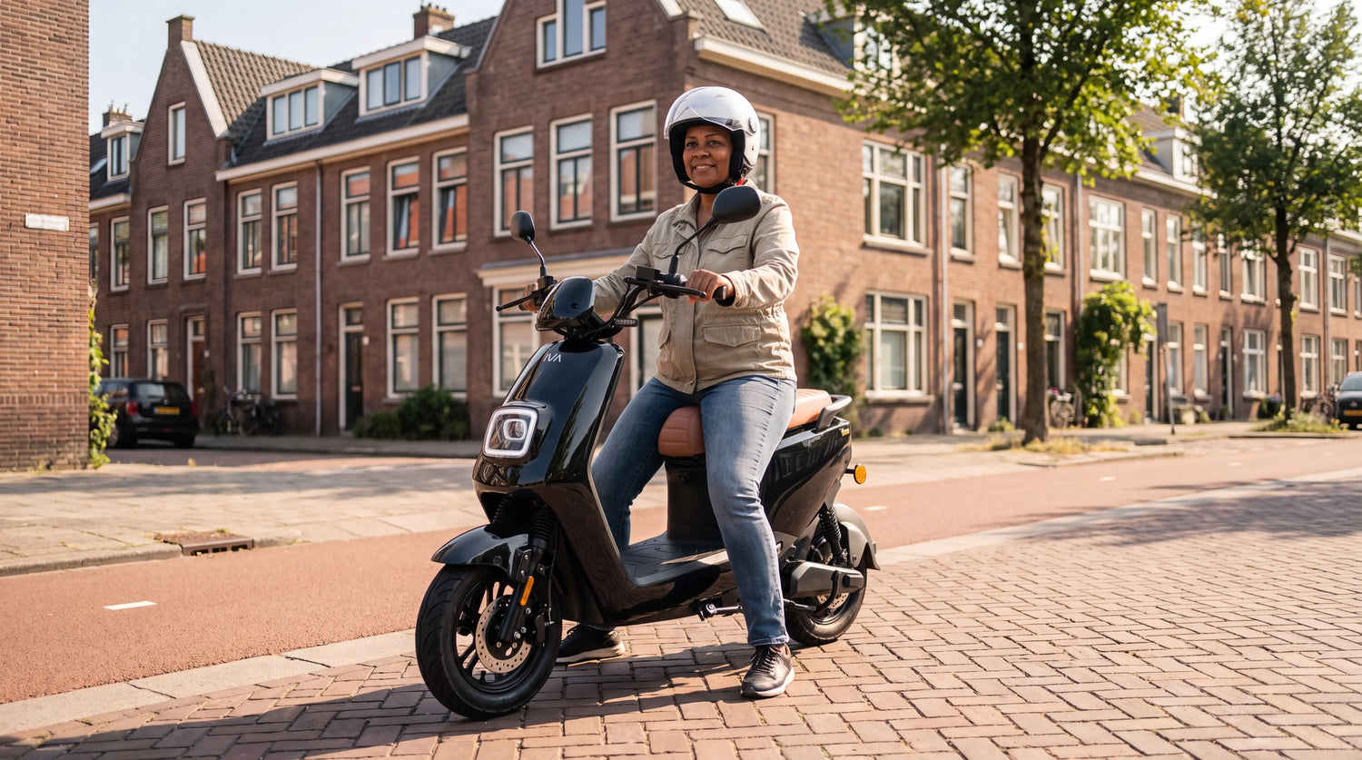 Scooter rijbewijs: vrouw op een IVA E-GO S4 2.0 elektrische scooter in een Rotterdamse straat
