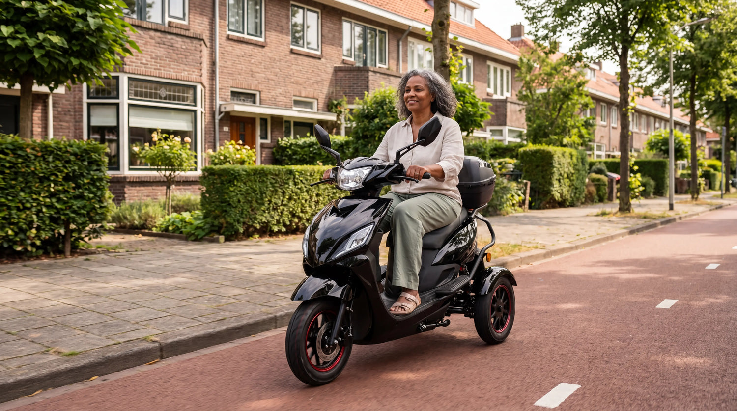 Scootmobiel verzekeren – vrouw op een zwarte IVA T3 driewieler-scootmobiel in een Nederlandse straat