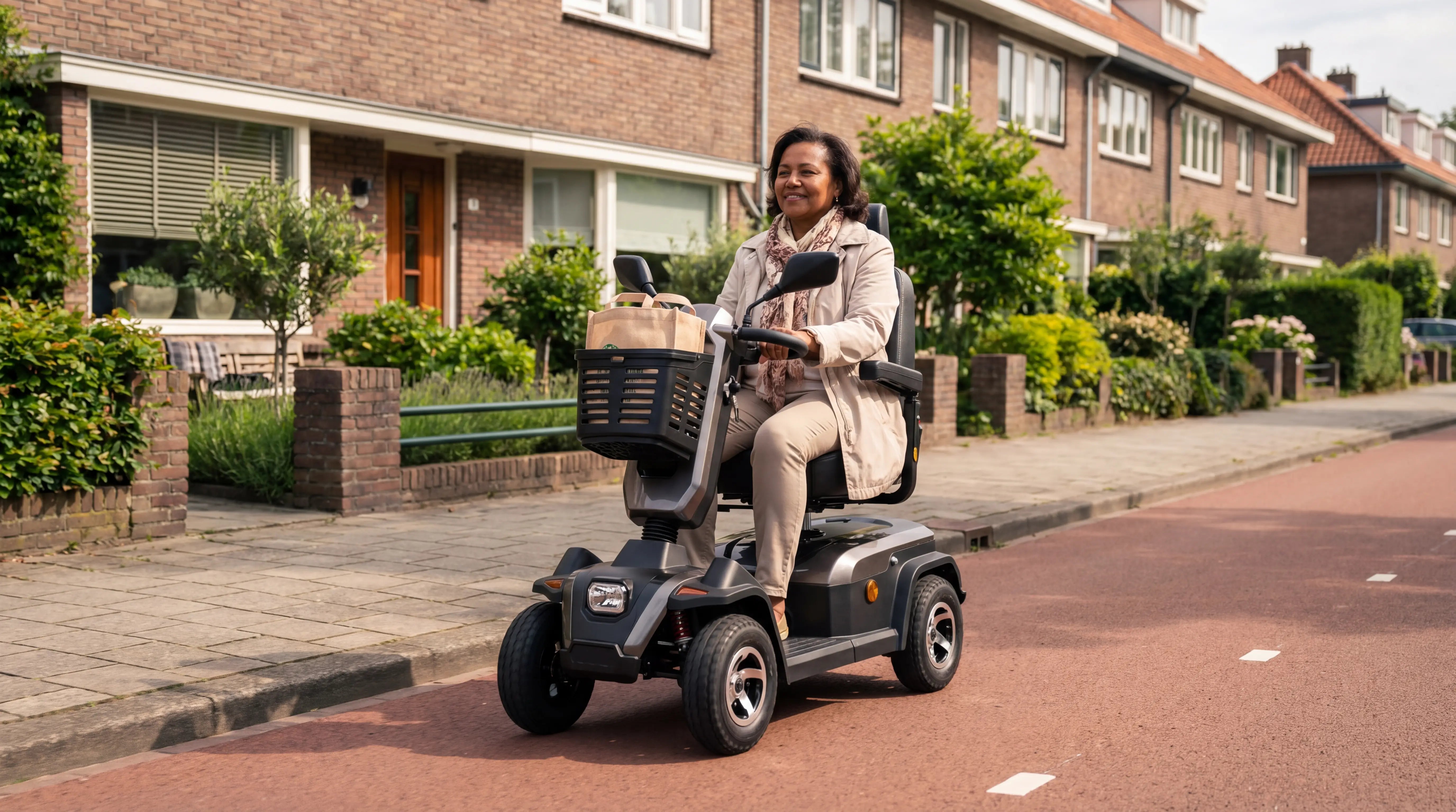 Vrouw rijdt op een IVA Rider 700 scootmobiel door een Nederlandse woonwijk – gids scootmobiel verzekering 2026