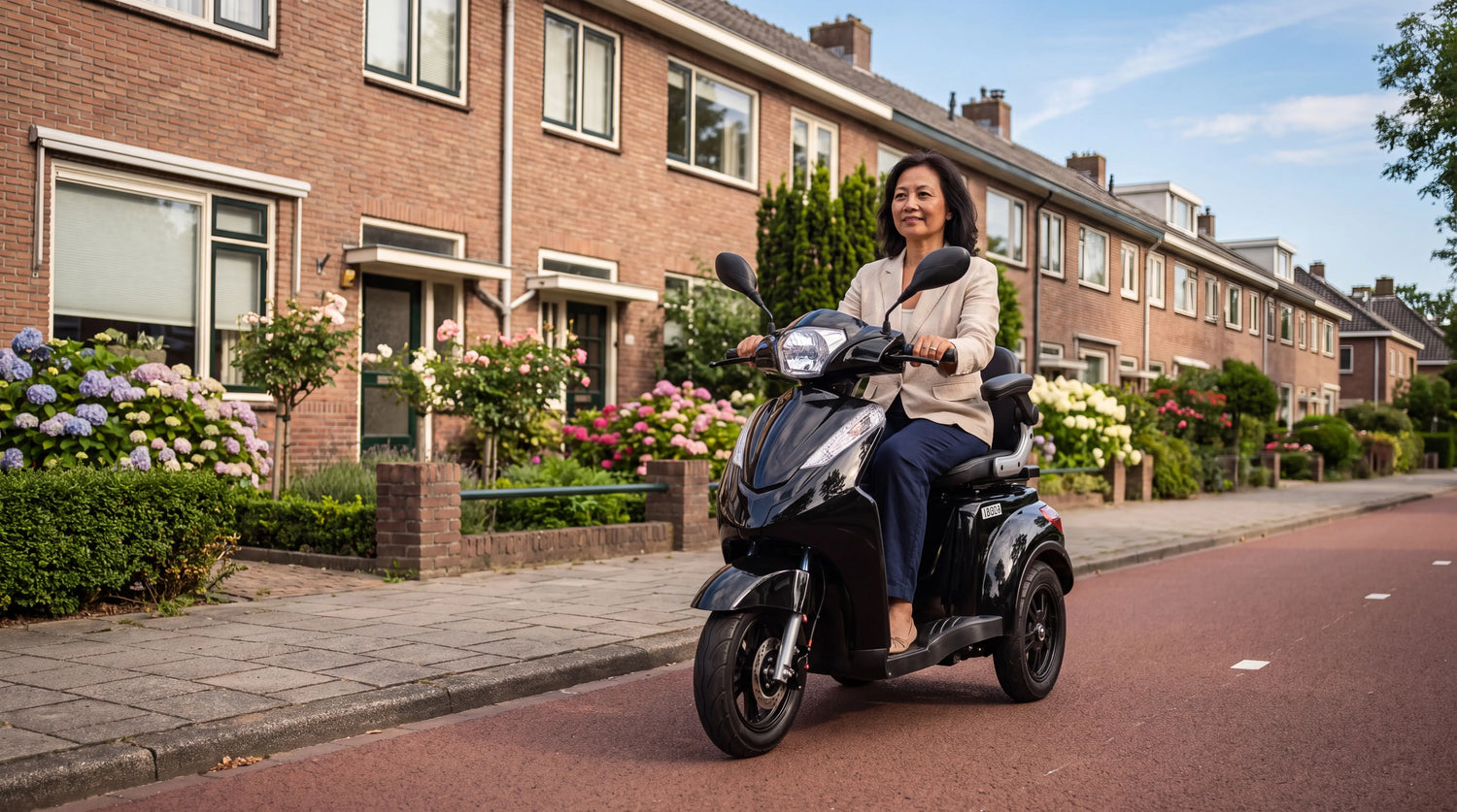Vrouw rijdt op een zwarte IVA E1000 driewiel-scootmobiel in een Nederlandse woonwijk