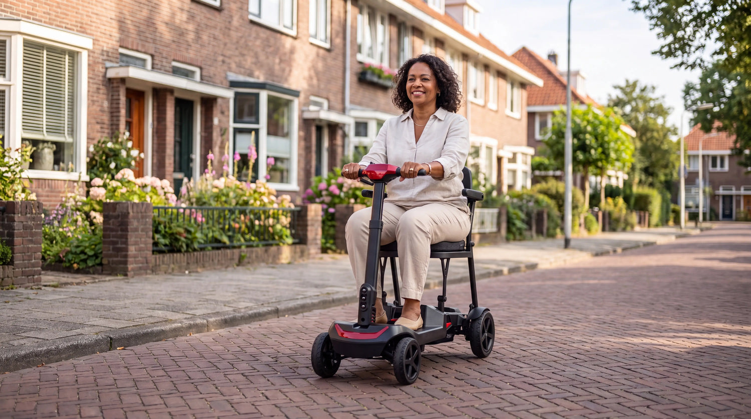 Wat kost een scootmobiel – vrouw op rode IVA Traveler 500 in een Nederlandse straat