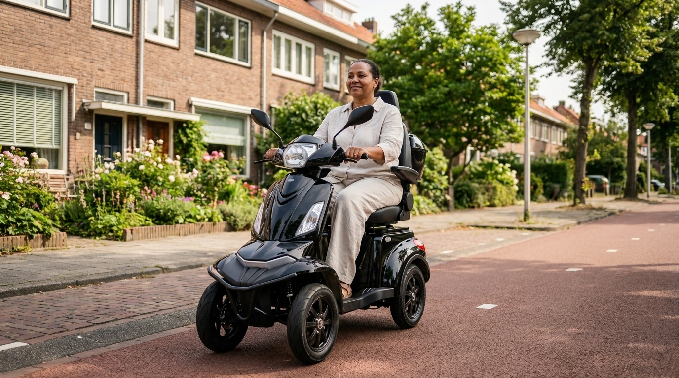 Tweedehands scootmobiel kopen – vrouw op een IVA S1000 scootmobiel in een Nederlandse woonwijk