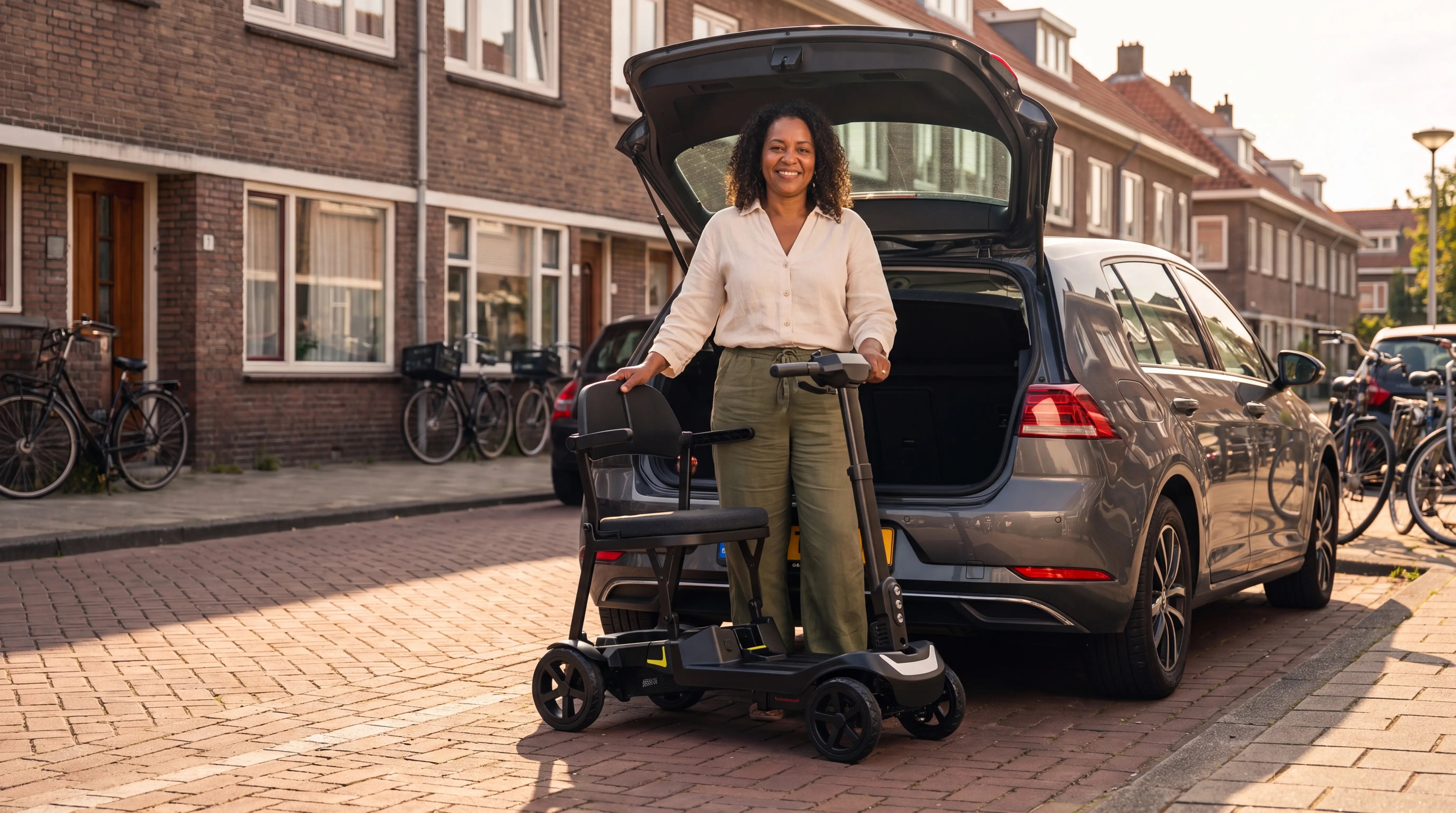 Scootmobiel vervoeren – IVA Traveler 500 opvouwbare scootmobiel bij auto in Nederlandse straat
