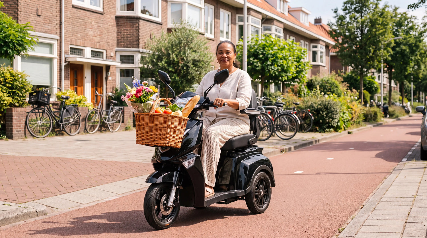 Vrouw op een IVA Z1000 scootmobiel met boodschappenmand vol scootmobiel accessoires in een Nederlandse woonwijk