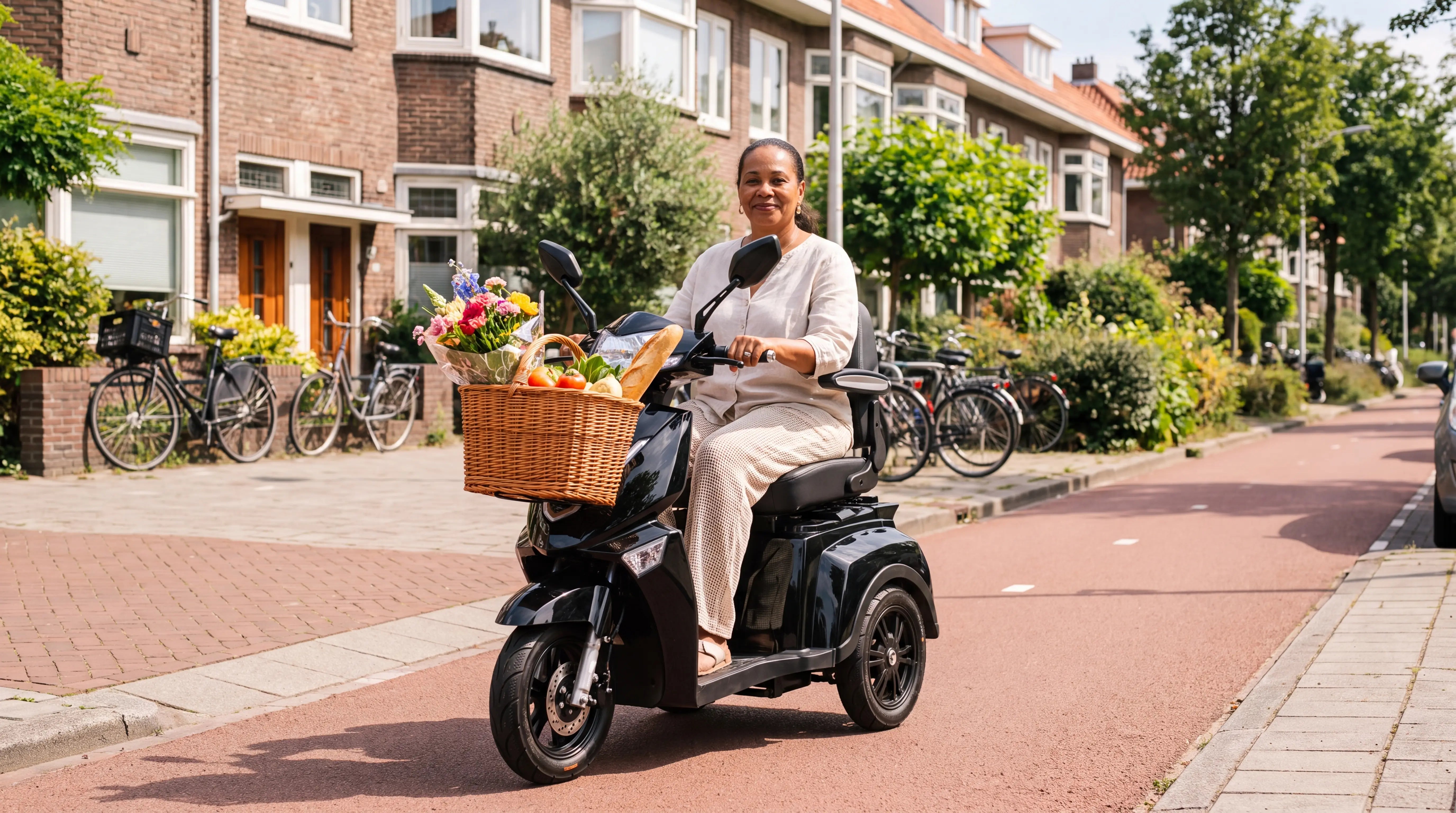 Vrouw op een IVA Z1000 scootmobiel met boodschappenmand vol scootmobiel accessoires in een Nederlandse woonwijk
