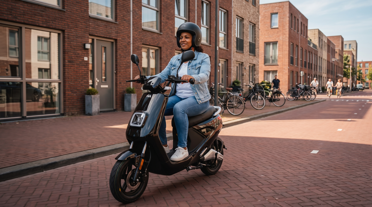 Vrouw rijdt op een zwarte IVA E-GO S4 elektrische scooter van 25 km/u door een Rotterdamse straat