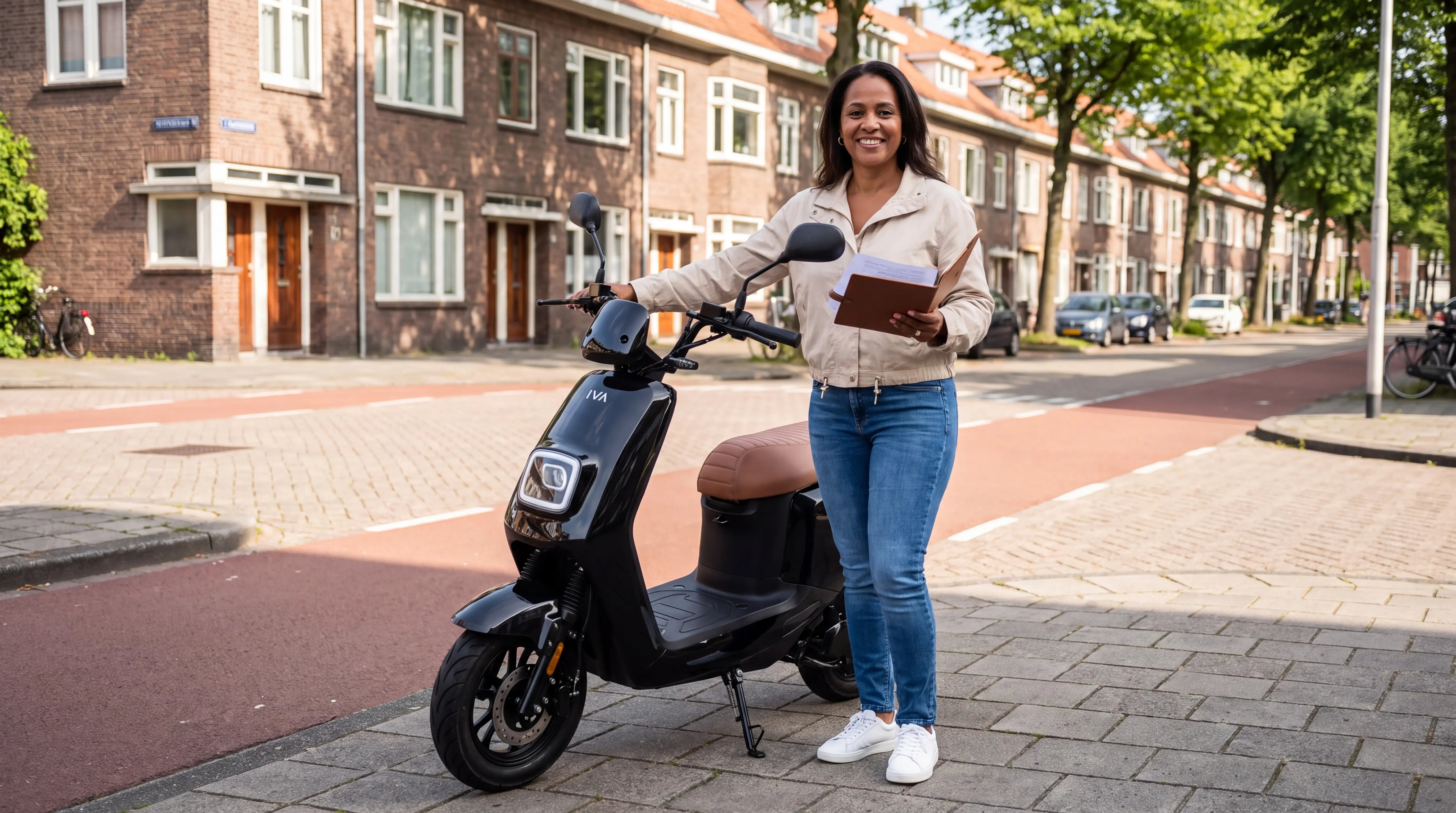Vrouw met documenten naast zwarte IVA E-GO S4 2.0 na het scooter overschrijven in een Nederlandse straat
