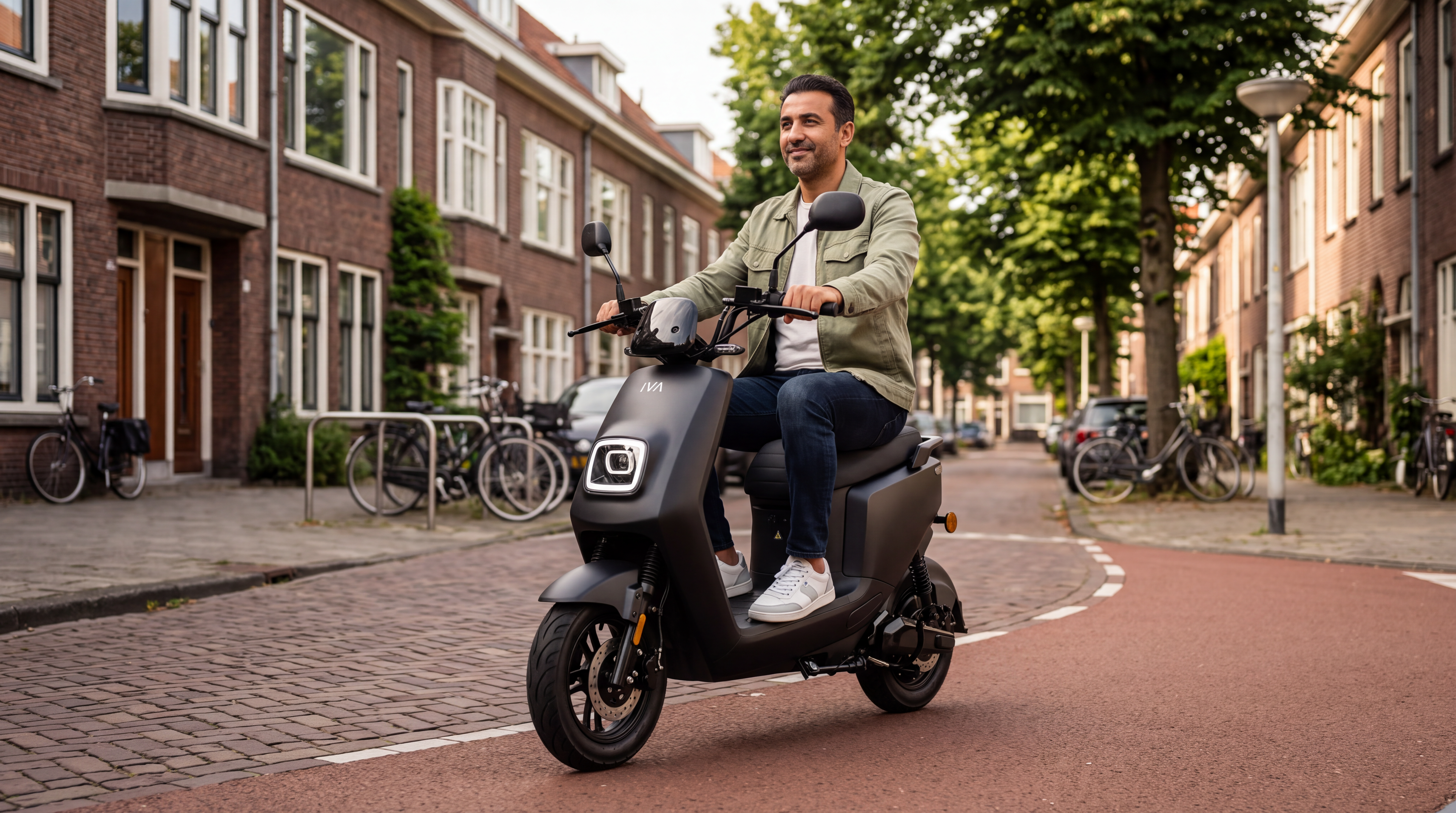 Scooter theorie halen 2026 - man rijdt op IVA E-GO S4 2.0 elektrische scooter door Nederlandse straat