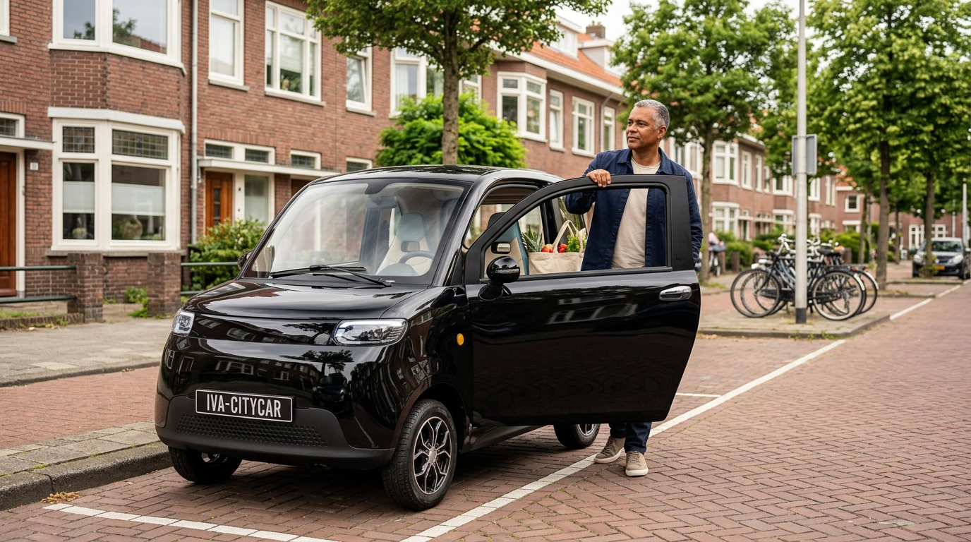 Man stapt in een zwarte elektrische brommobiel voor een rijtjeshuis in een Nederlandse woonwijk