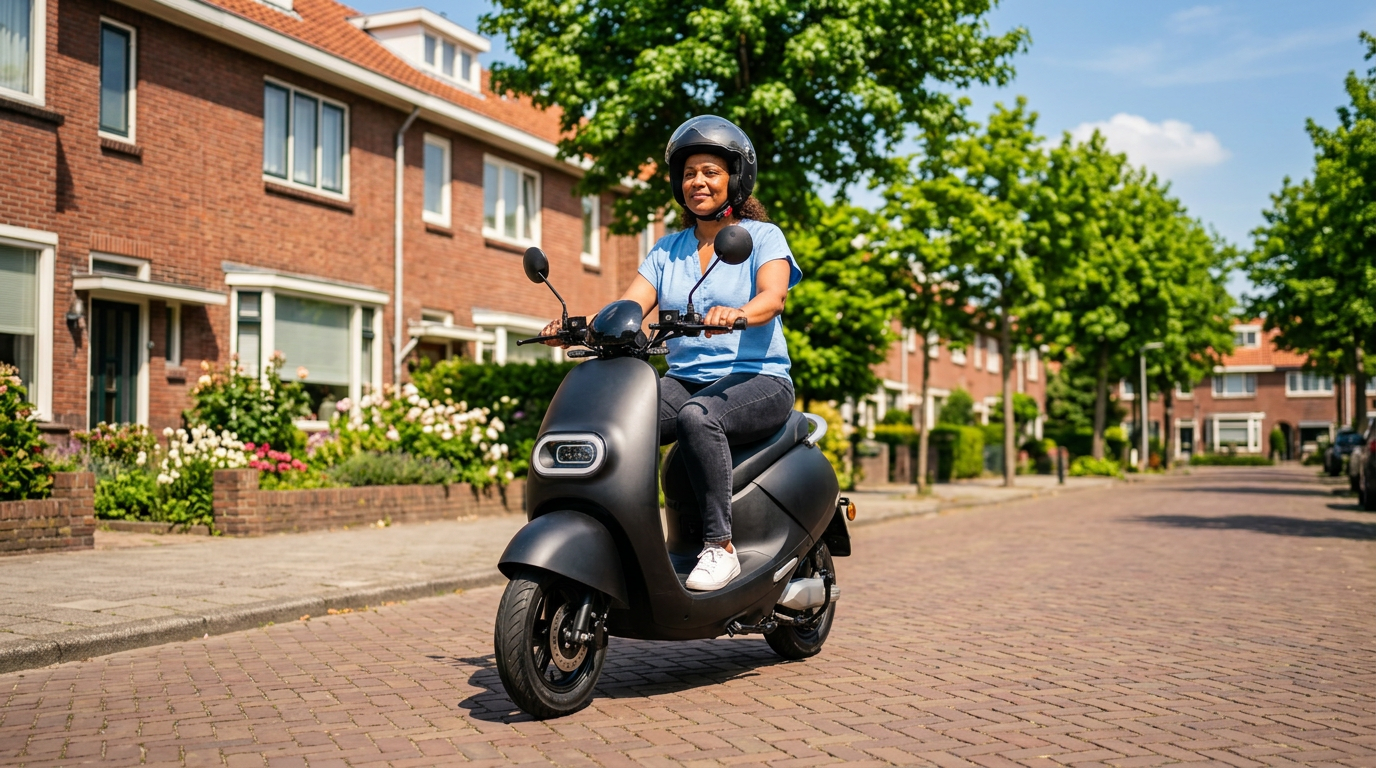Vrouw rijdt op een matzwarte IVA E-GO S3 elektrische scooter in een Nederlandse woonstraat - tweedehands scooter kopen