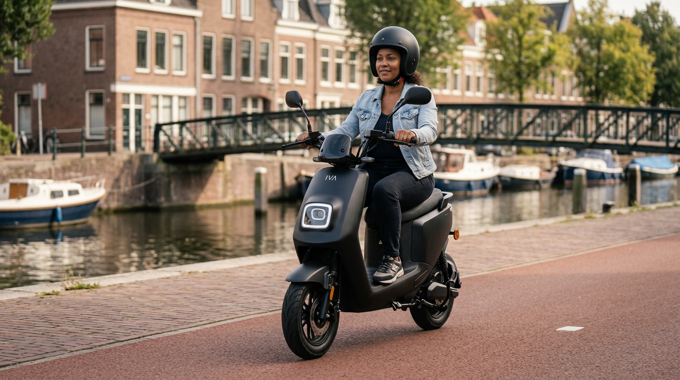 Vrouw rijdt op een matzwarte IVA E-GO S4 elektrische scooter langs een Rotterdamse kade - hoe hard mag een scooter