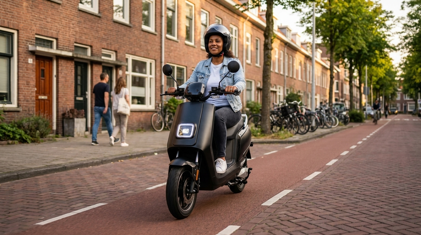 Vrouw rijdt op een zwarte IVA E-GO S5 elektrische scooter door een Rotterdamse straat - scooter merken 2026