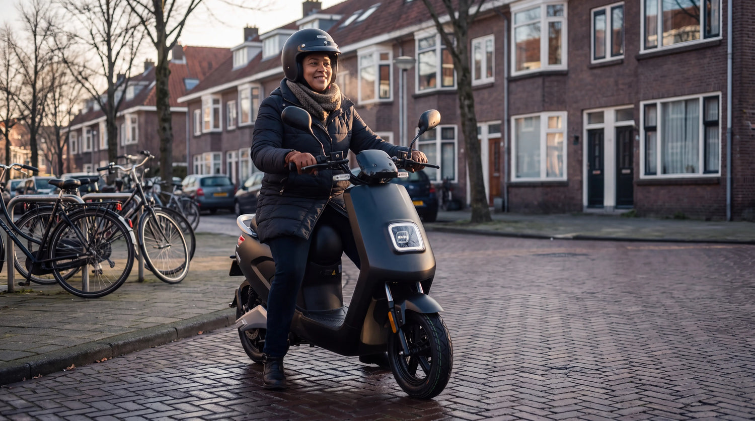 Vrouw rijdt op een matzwarte IVA E-GO S4 elektrische scooter in de winter door een Rotterdamse straat