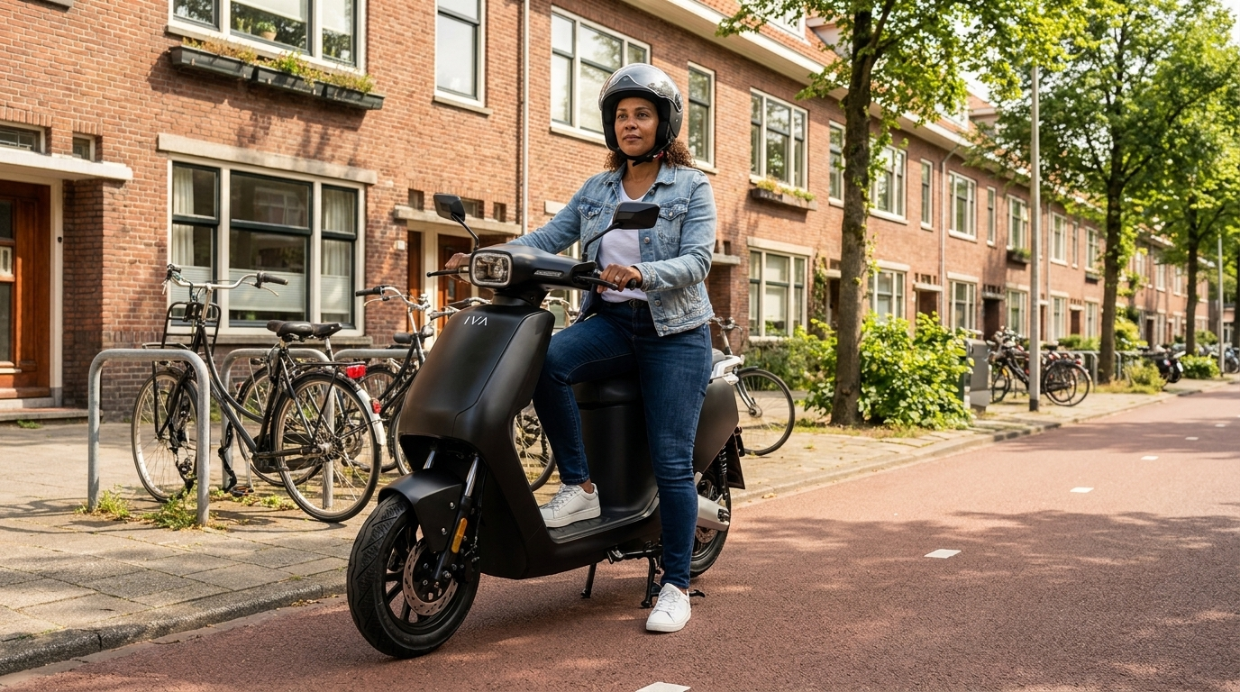 Scooter leasen 2026 - vrouw naast matzwarte IVA NCS elektrische scooter in een Rotterdamse straat