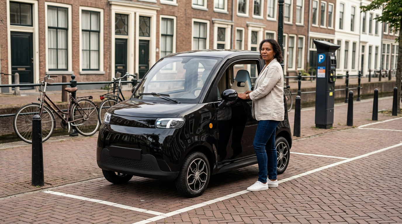 Brommobiel regels 2026 - zwarte IVA Citycar A05 geparkeerd in een parkeervak in een Nederlandse binnenstad