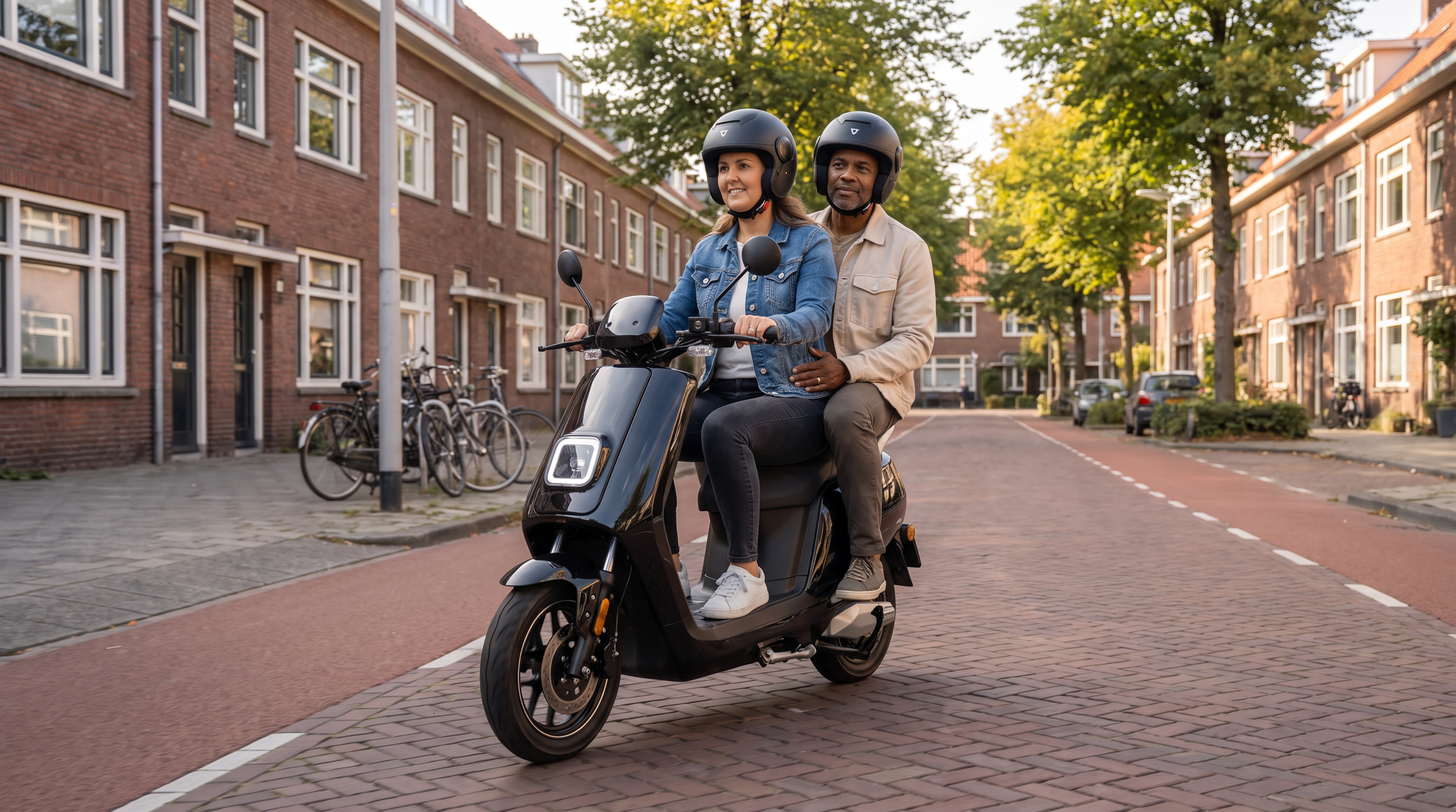 Stel rijdt samen met helm op een zwarte elektrische scooter voor 2 personen door een Rotterdamse woonstraat