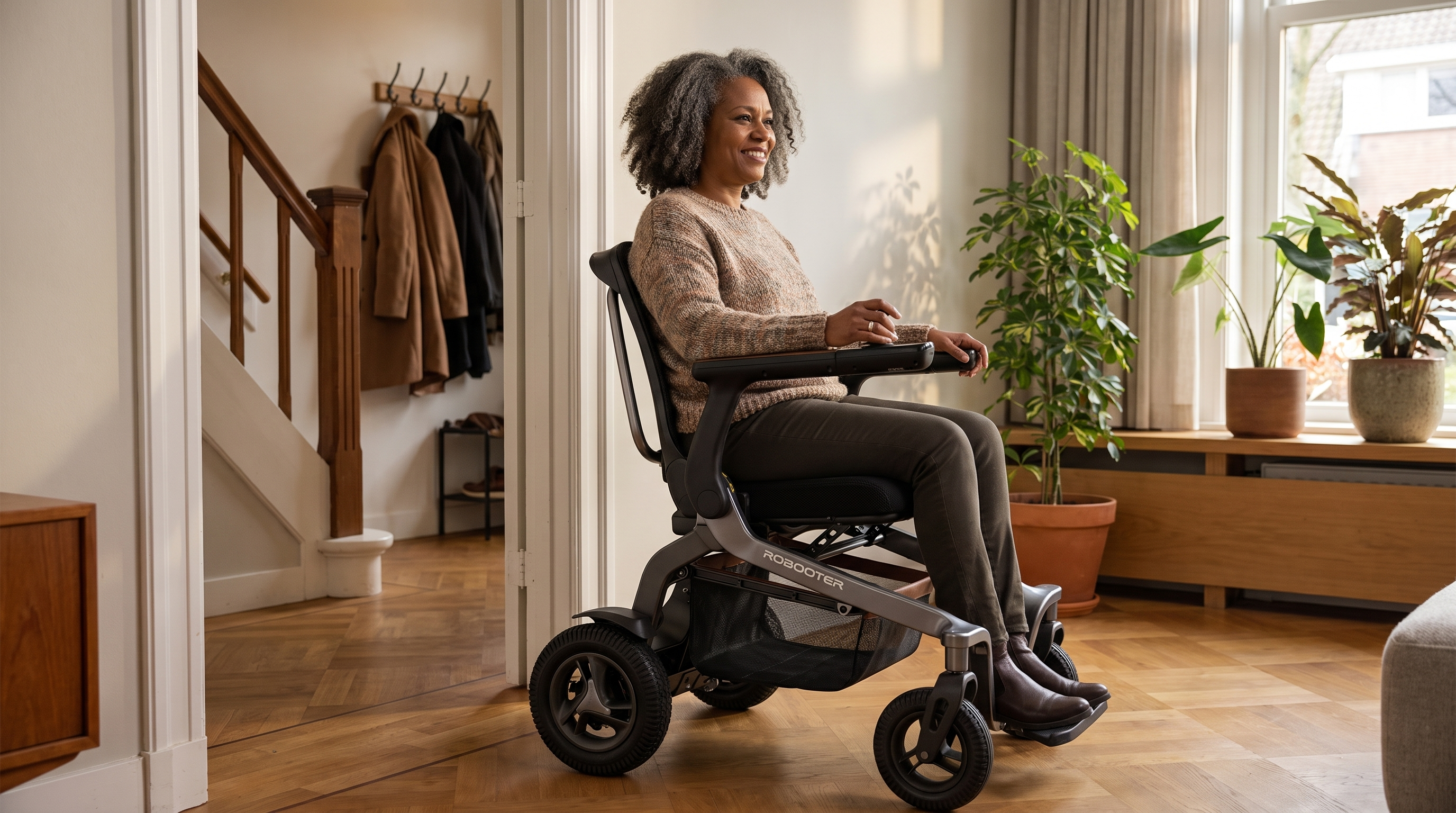 Hoe breed is een rolstoel: vrouw rijdt in een elektrische rolstoel door een deuropening in een Nederlandse woning