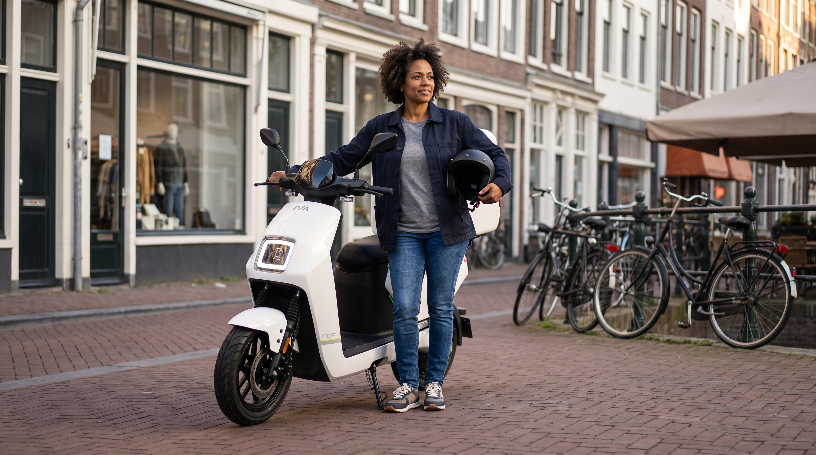 Scooter van de zaak: onderneemster met witte IVA NCF elektrische scooter in een Nederlandse binnenstad