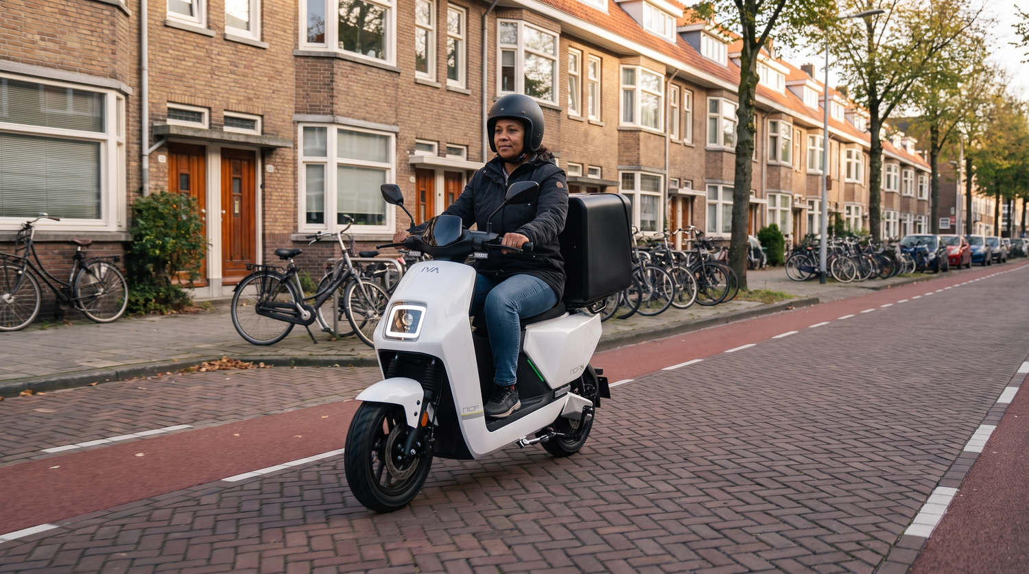 Elektrische bezorgscooter: bezorger op een witte IVA NCF Delivery in een Rotterdamse straat