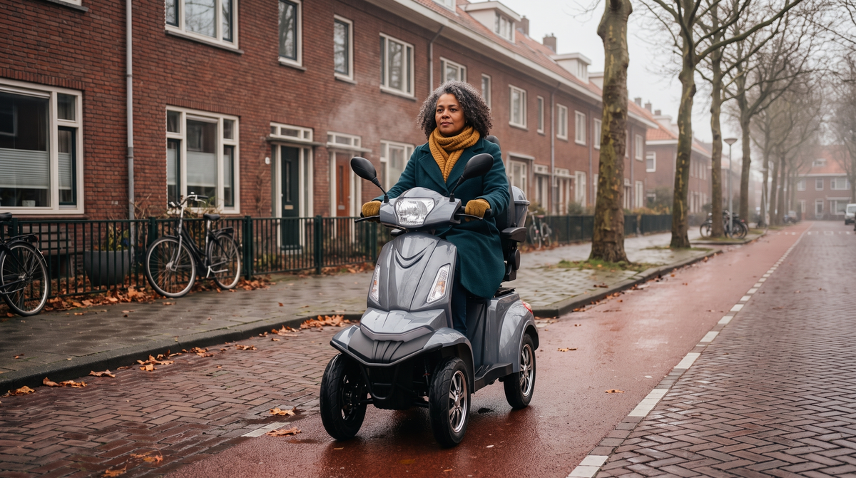 Scootmobiel in de winter: vrouw rijdt op een grijze IVA vierwiel-scootmobiel door een natte Nederlandse straat met gevallen bladeren