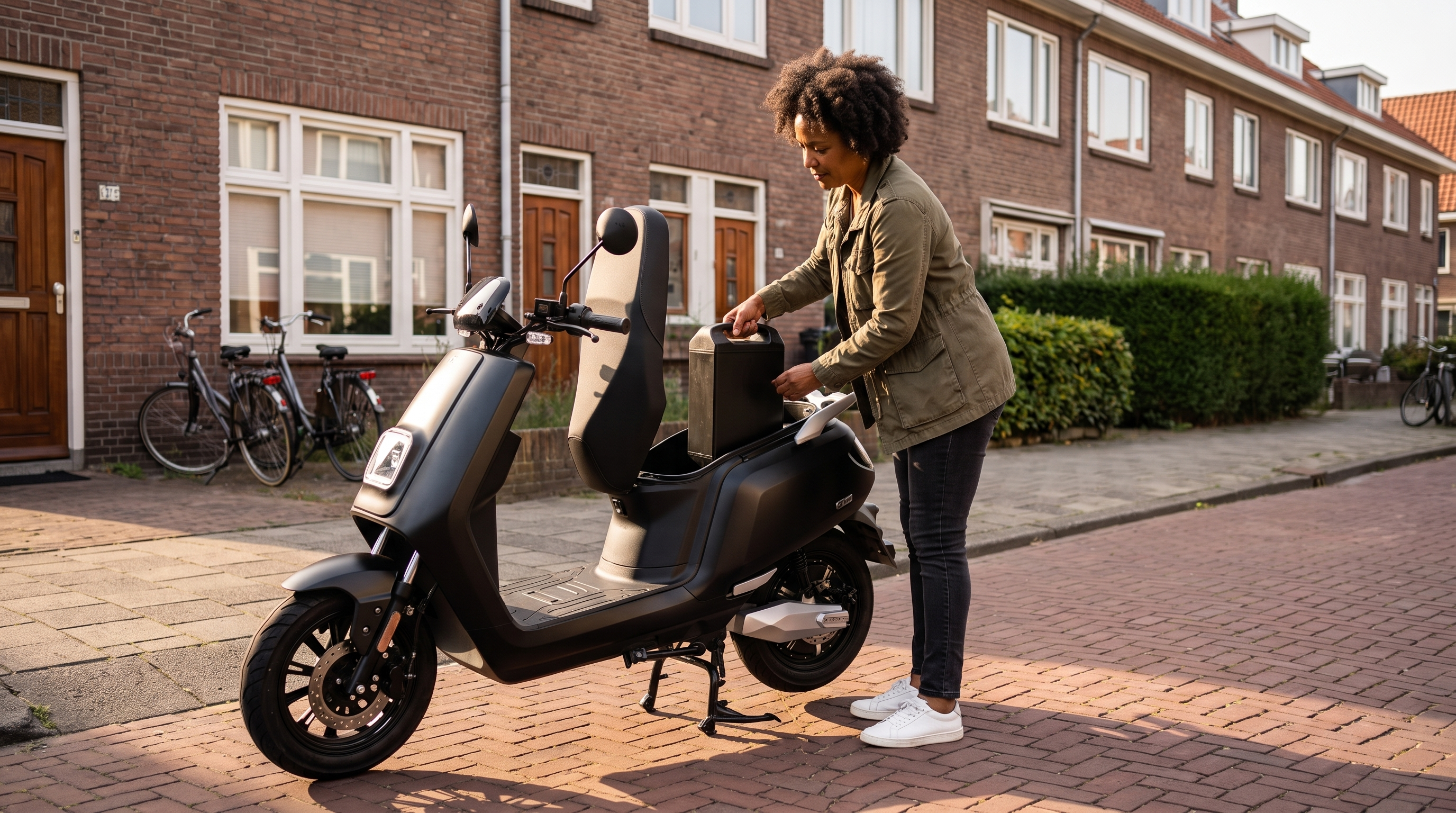 Elektrische scooter met uitneembare accu: vrouw tilt de accu uit een IVA E-GO S5 in een Rotterdamse straat