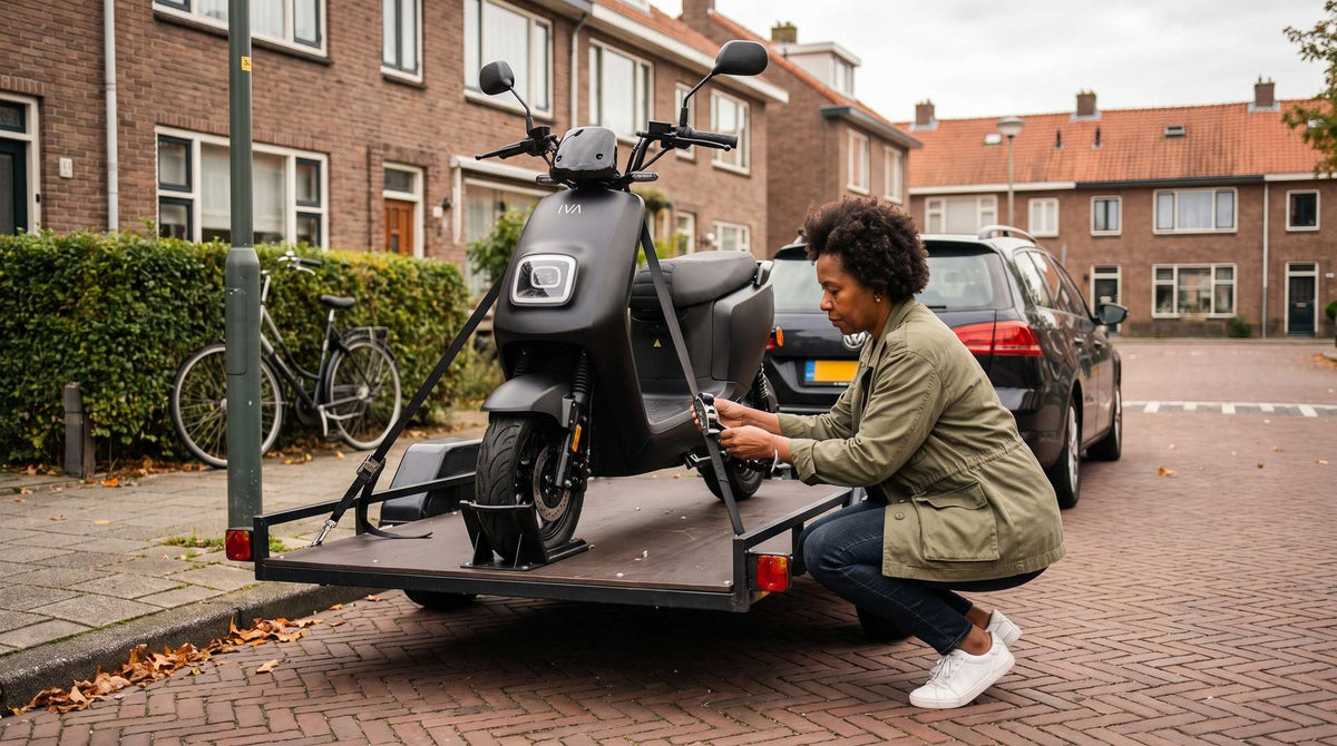 Vrouw zet een matzwarte IVA elektrische scooter vast op een aanhanger in een Nederlandse straat - scooter vervoeren