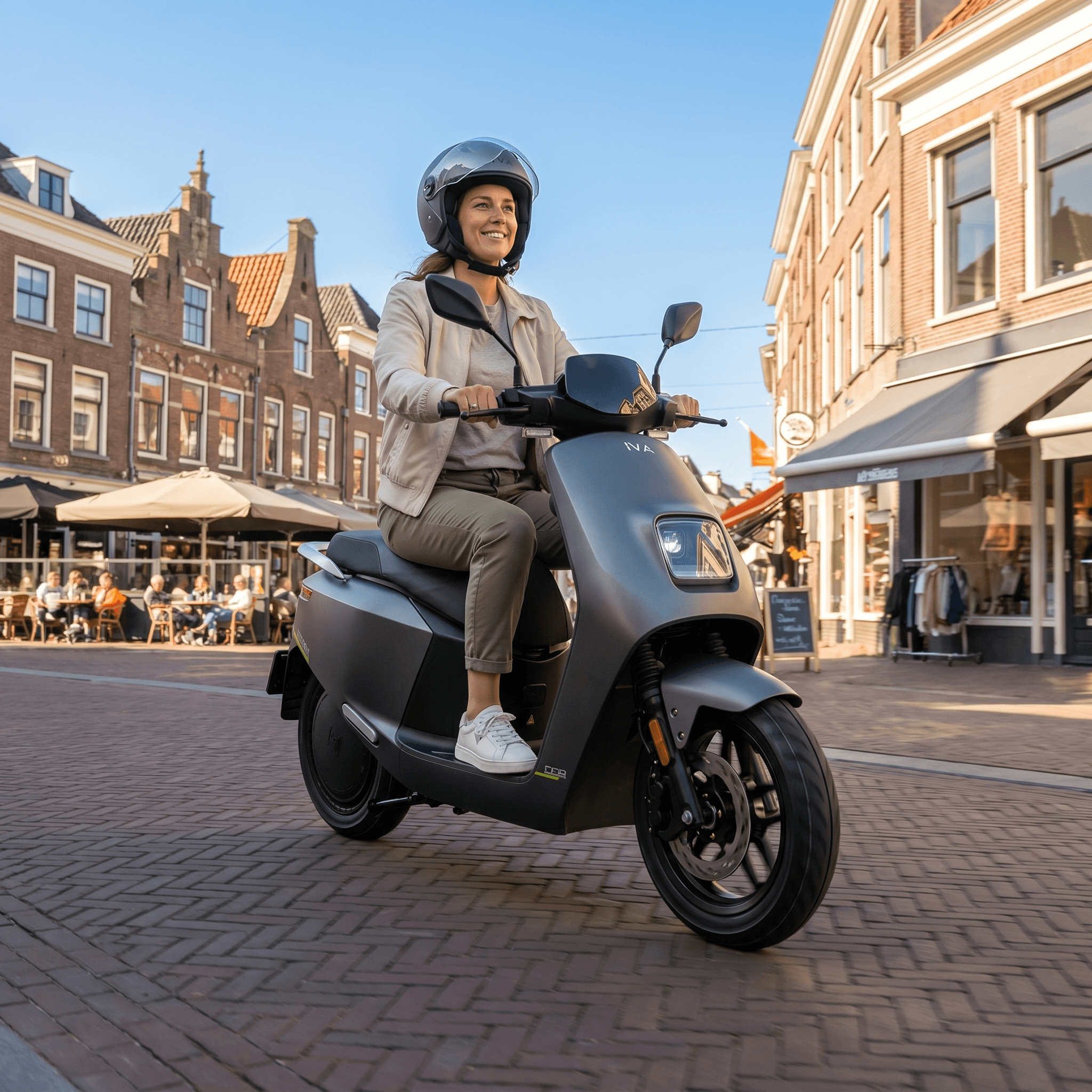 IVA NCE Matgroen e-scooter met matte afwerking, zichtbaar met stuur en wielen in de afbeelding