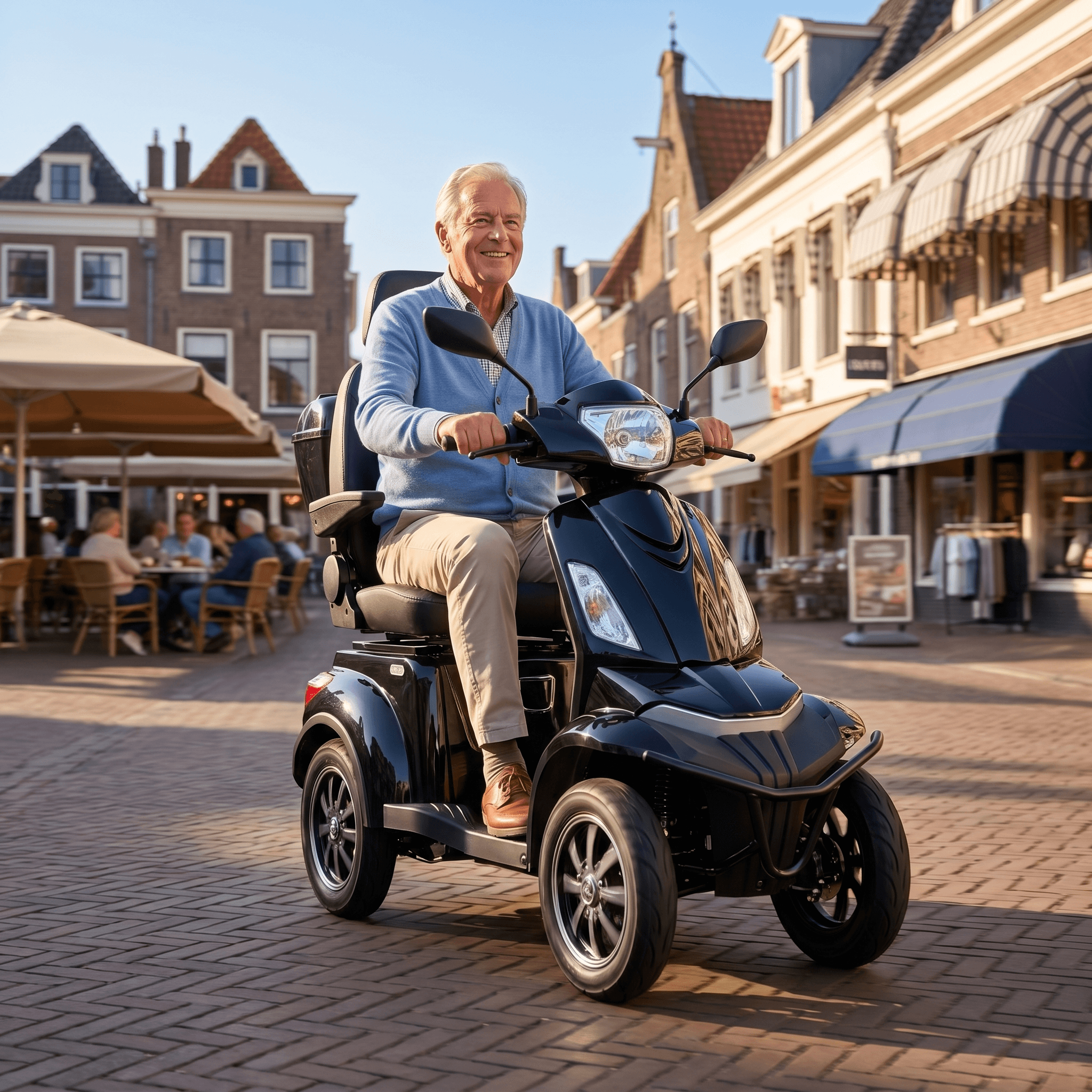 IVA S1000 zwart scootmobiel met stuur en comfortabele zit, geschikt voor mobiliteit en dagelijks gebruik.