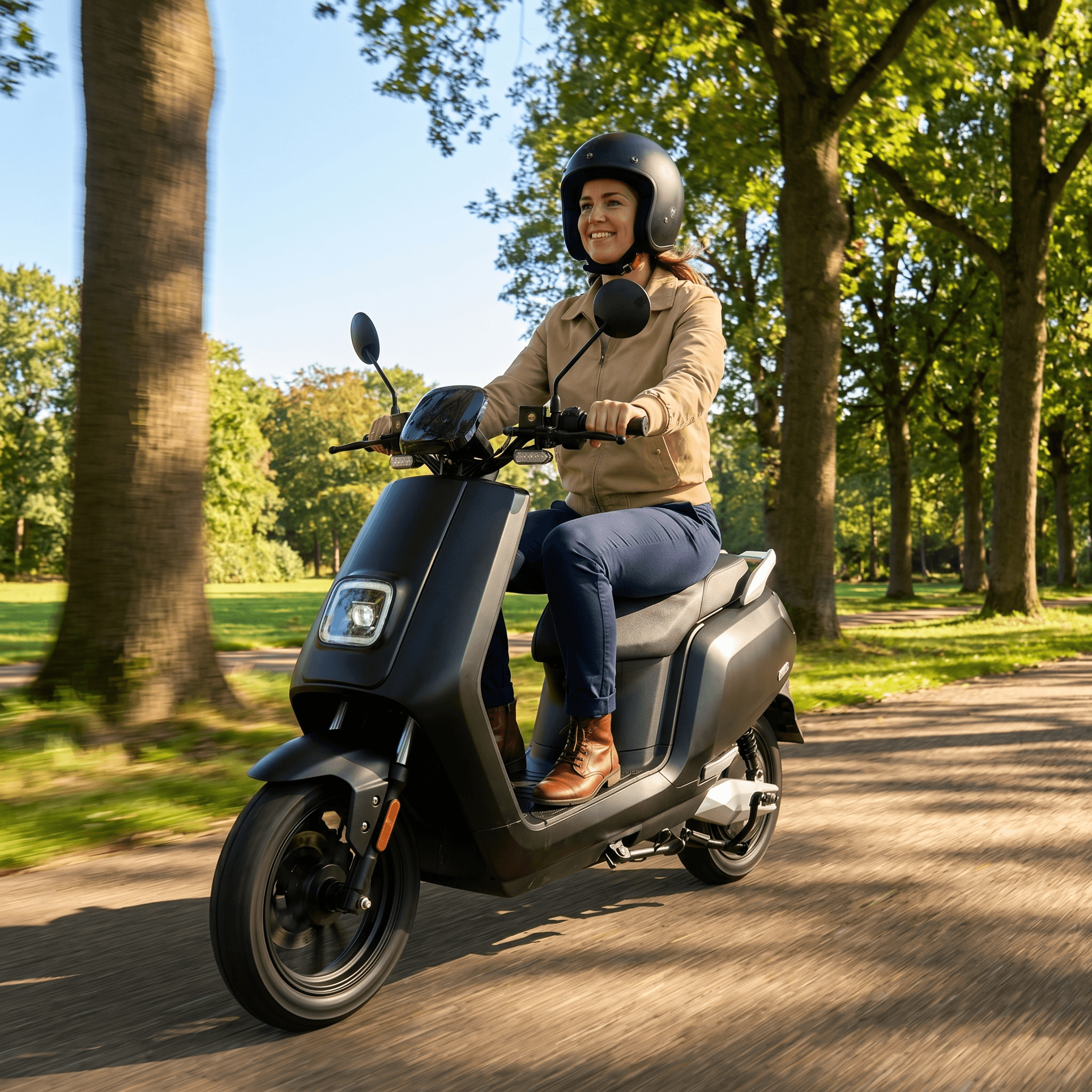 IVA E-GO S5 e-scooter in matzwart met handvatten en wielen, klaar voor gebruik.