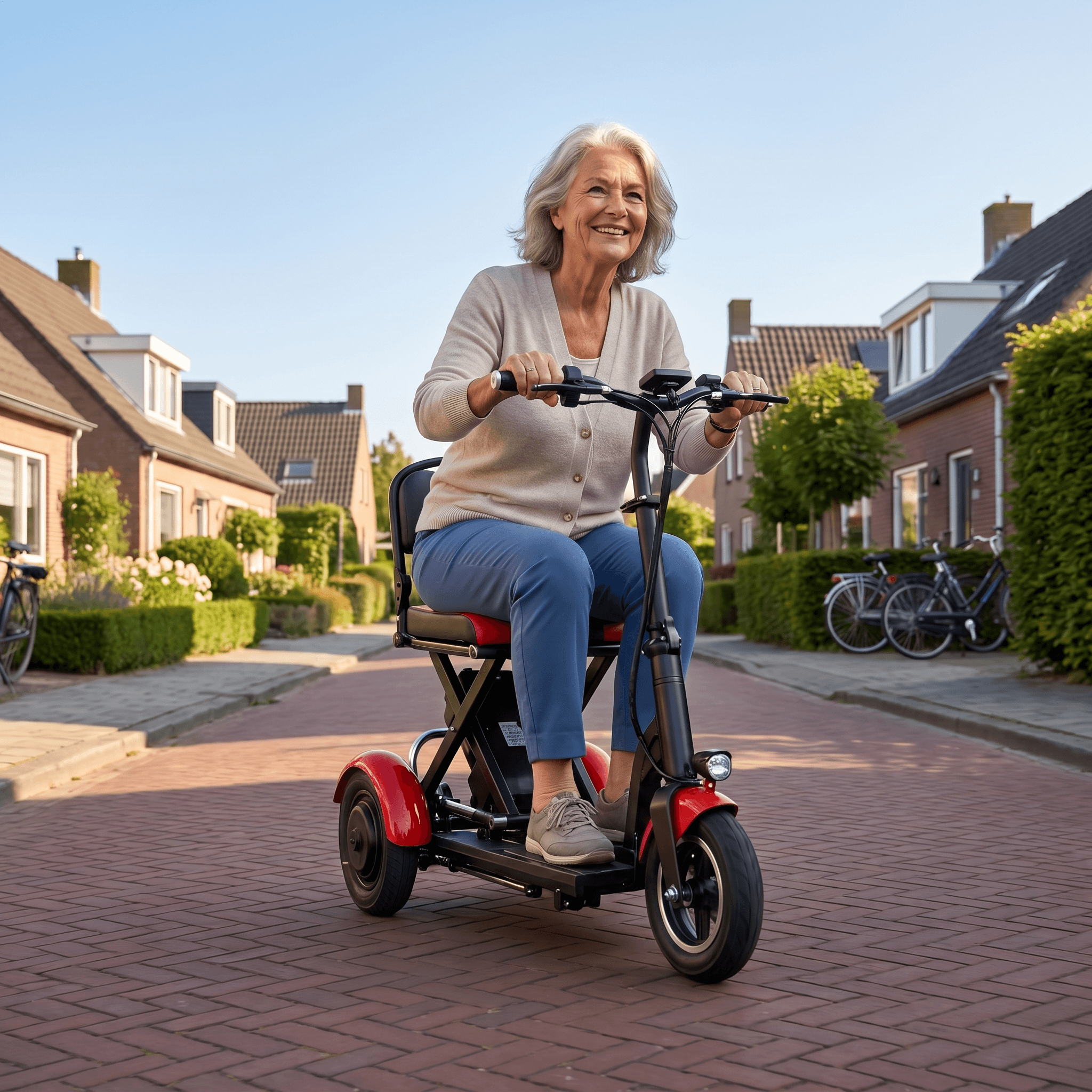 IVA Traveler 300 scootmobiel in rood, met comfortabele zit en stuur, geschikt voor mobiliteitsondersteuning.