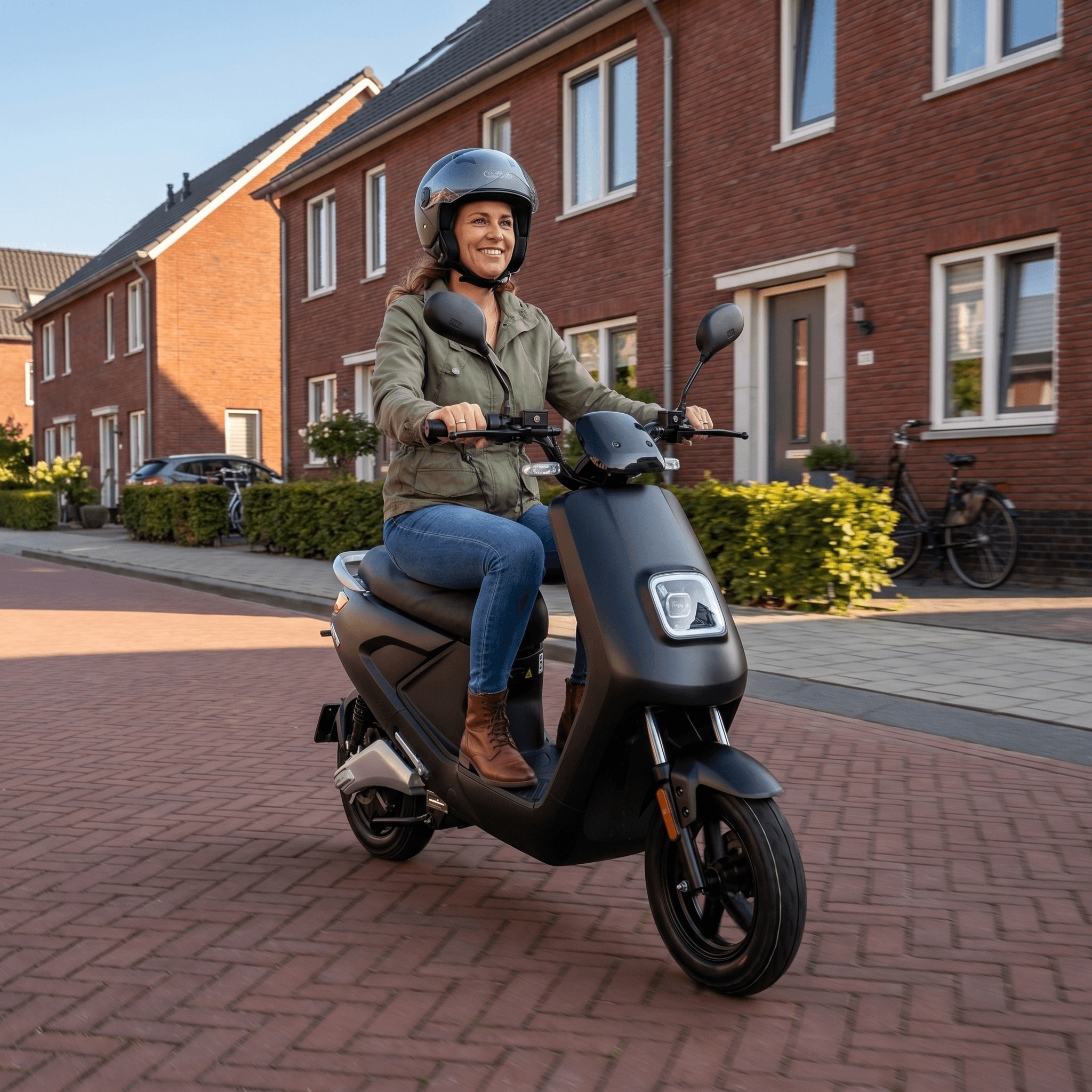 Twee IVA E-GO S4 elektrische scooters in matzwart, klaar voor gebruik op de weg.