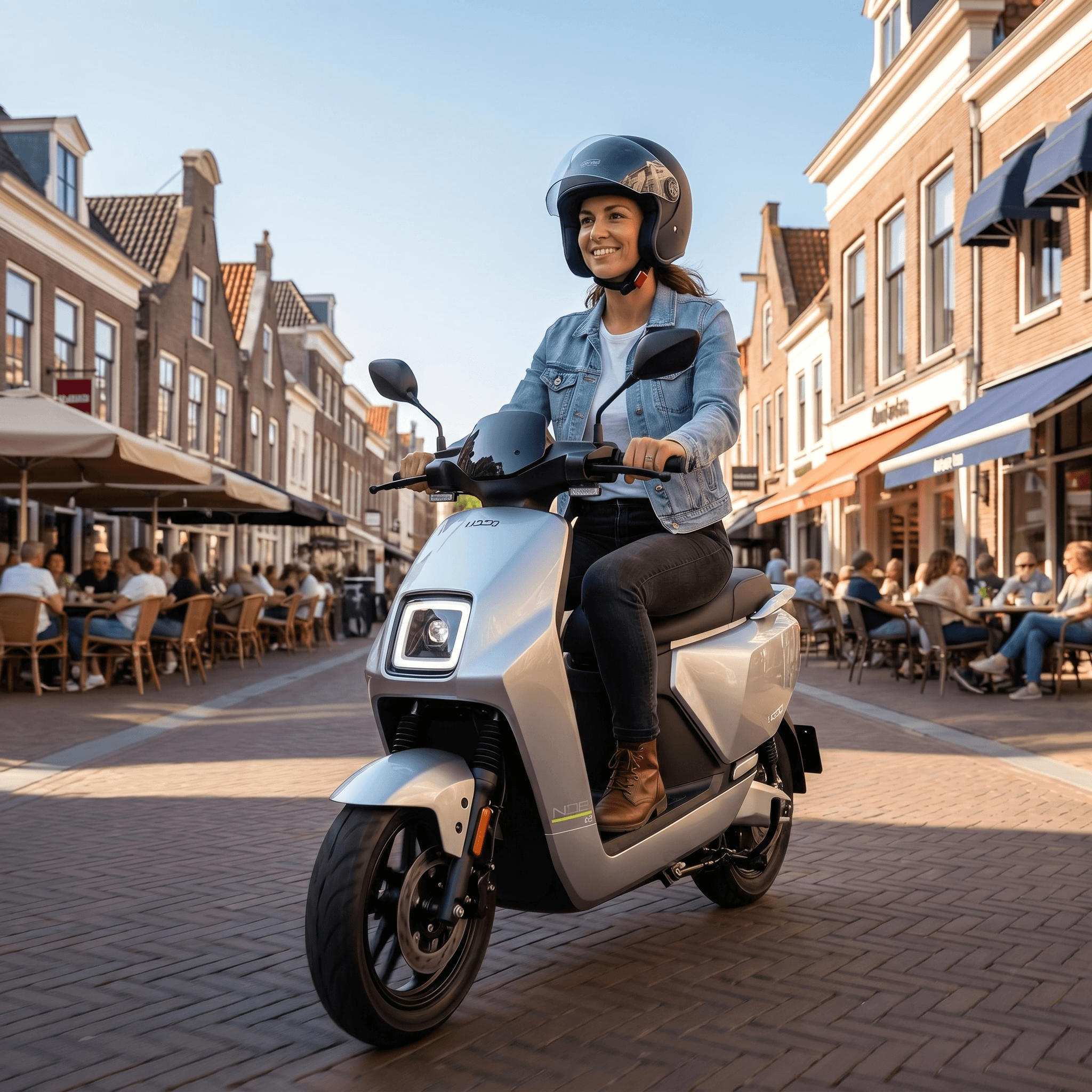 IVA NCF Zilver e-scooter met zilveren frame en innovatieve functies, geschikt voor stedelijk vervoer.