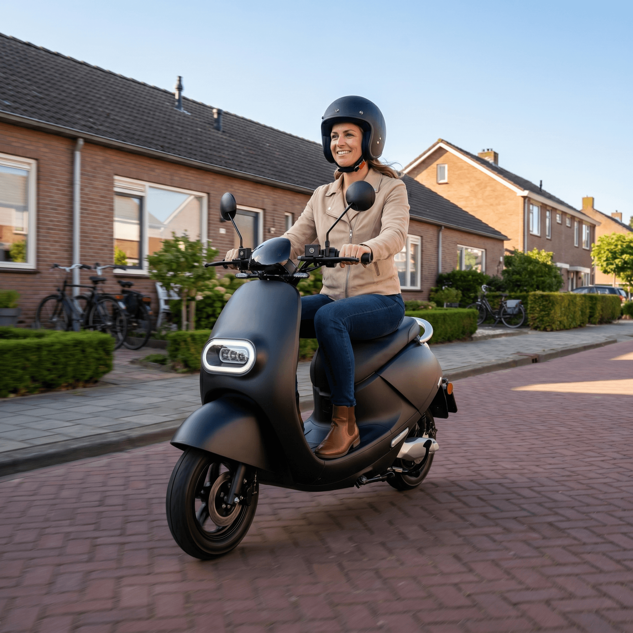IVA E-GO S3 e-scooter in matzwart, met compacte ontwerp en stuur, geschikt voor stadsvervoer.