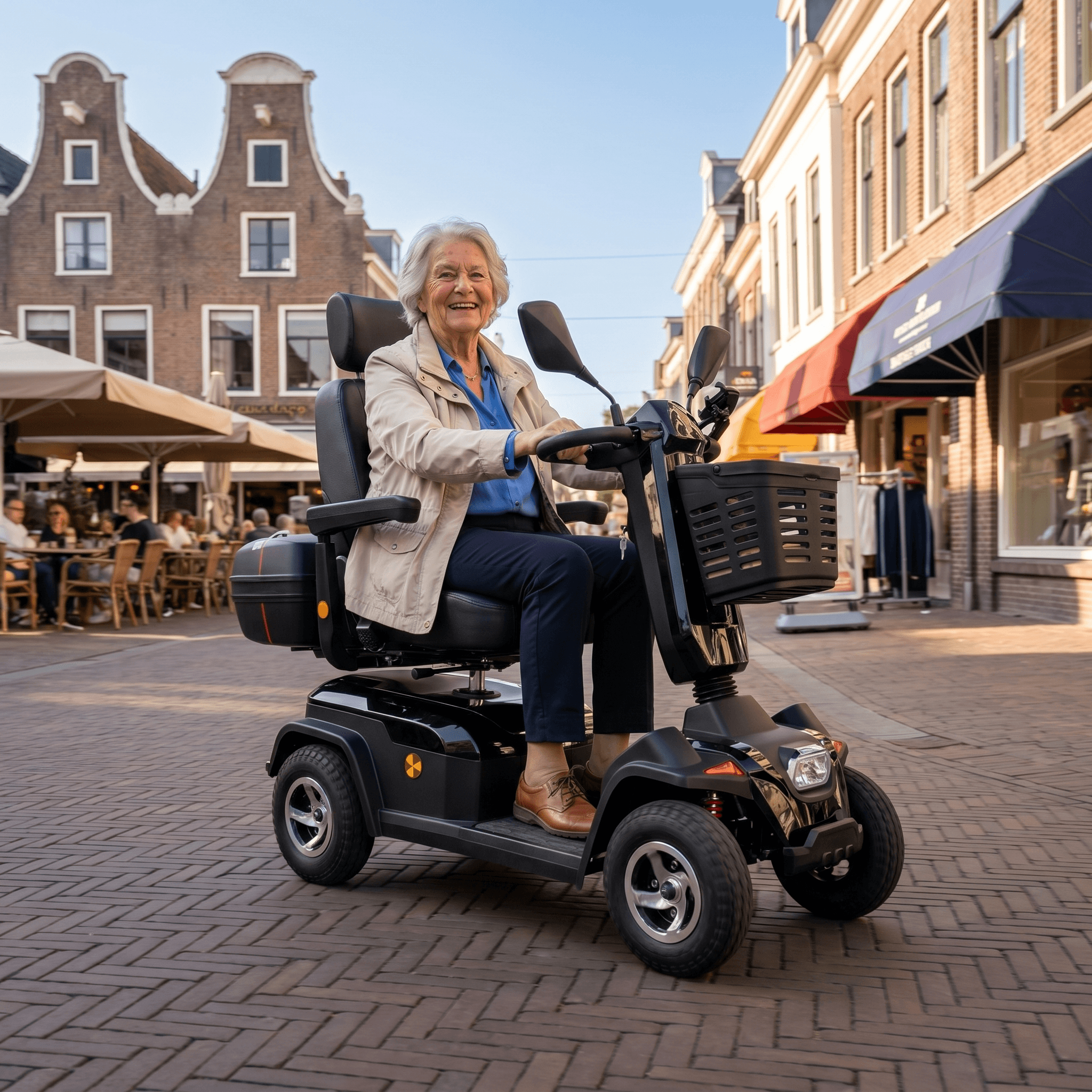 IVA Rider 700 scootmobiel in zwart met comfortabele zit en stuur, geschikt voor mobiliteit en dagelijks gebruik.