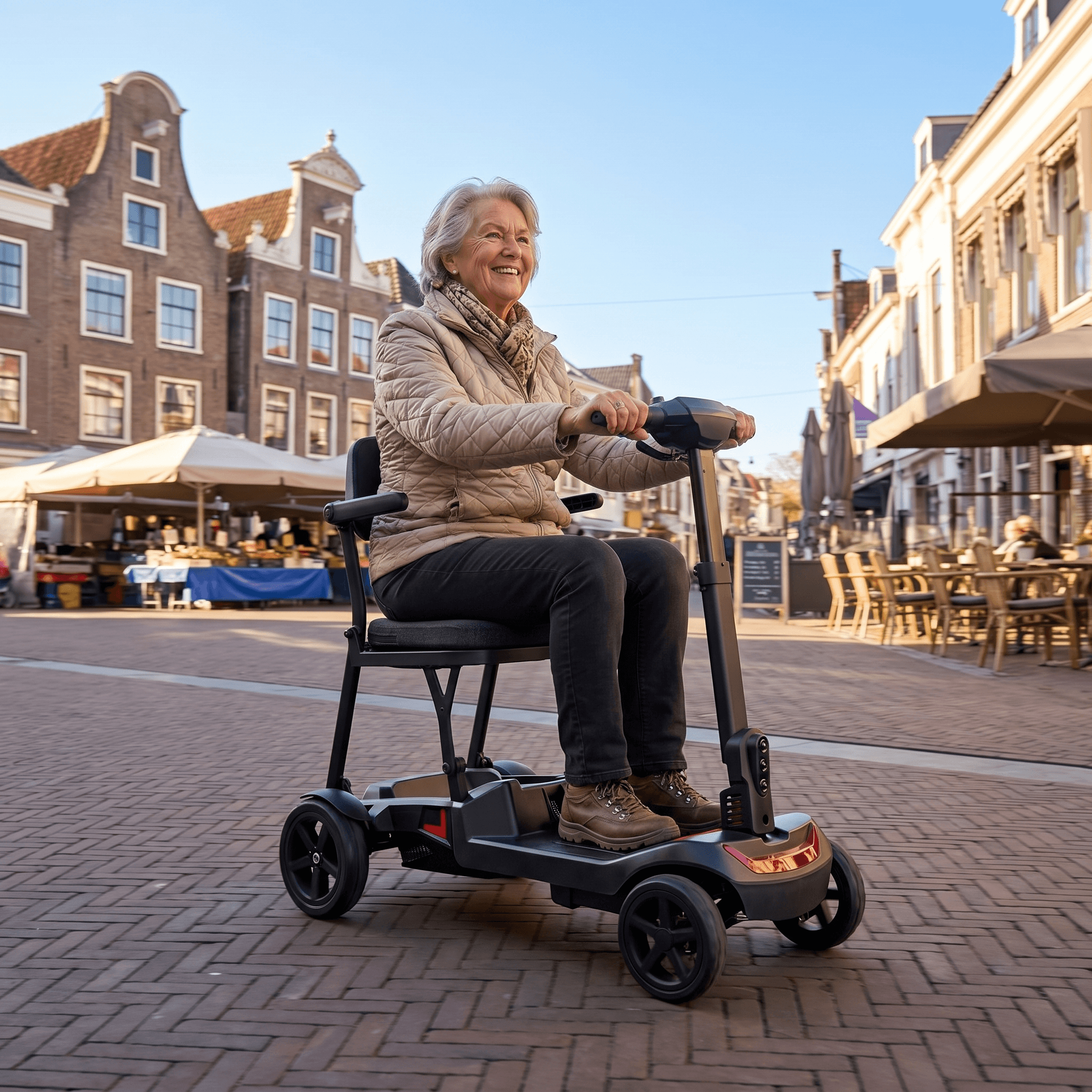 IVA Traveler 500 zwarte scootmobiel met comfortabele zit en stuur, geschikt voor mobiliteitsondersteuning.
