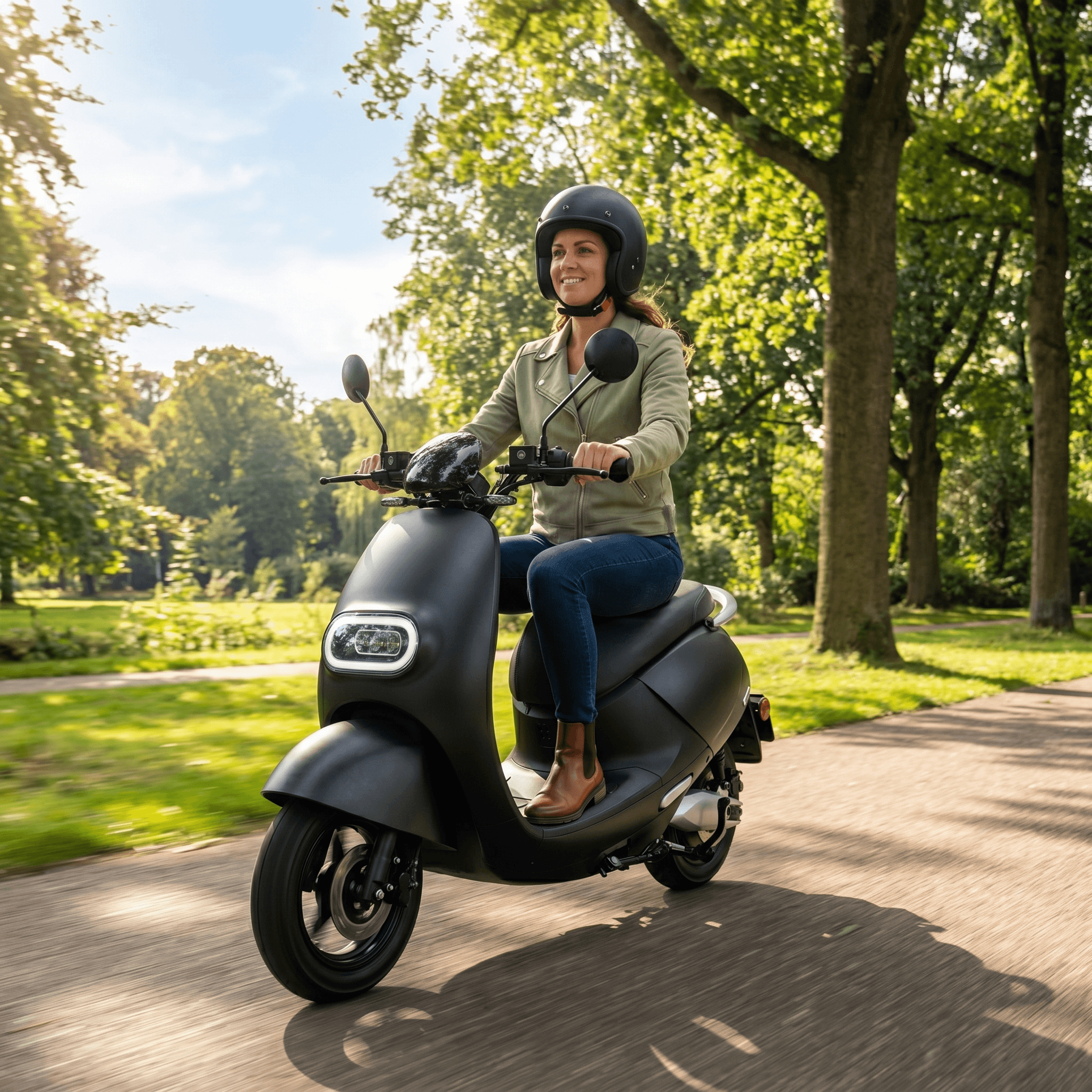 IVA E-GO S3 E-scooter in matzwart met compact ontwerp en handvatten, klaar voor gebruik.