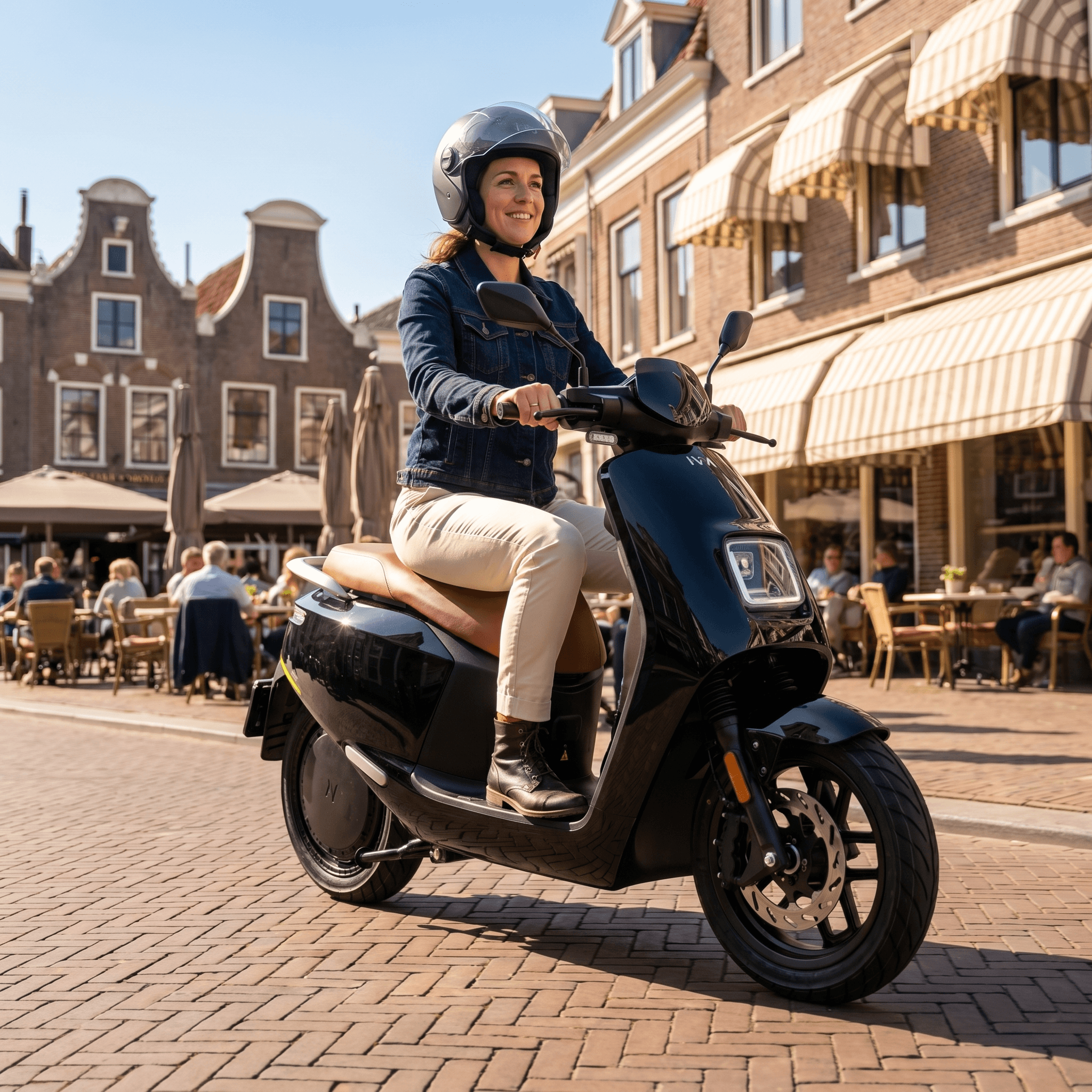 IVA NCE zwarte elektrische scooter met compact ontwerp en stevige wielen, geschikt voor stadsritten en recreatief gebruik.
