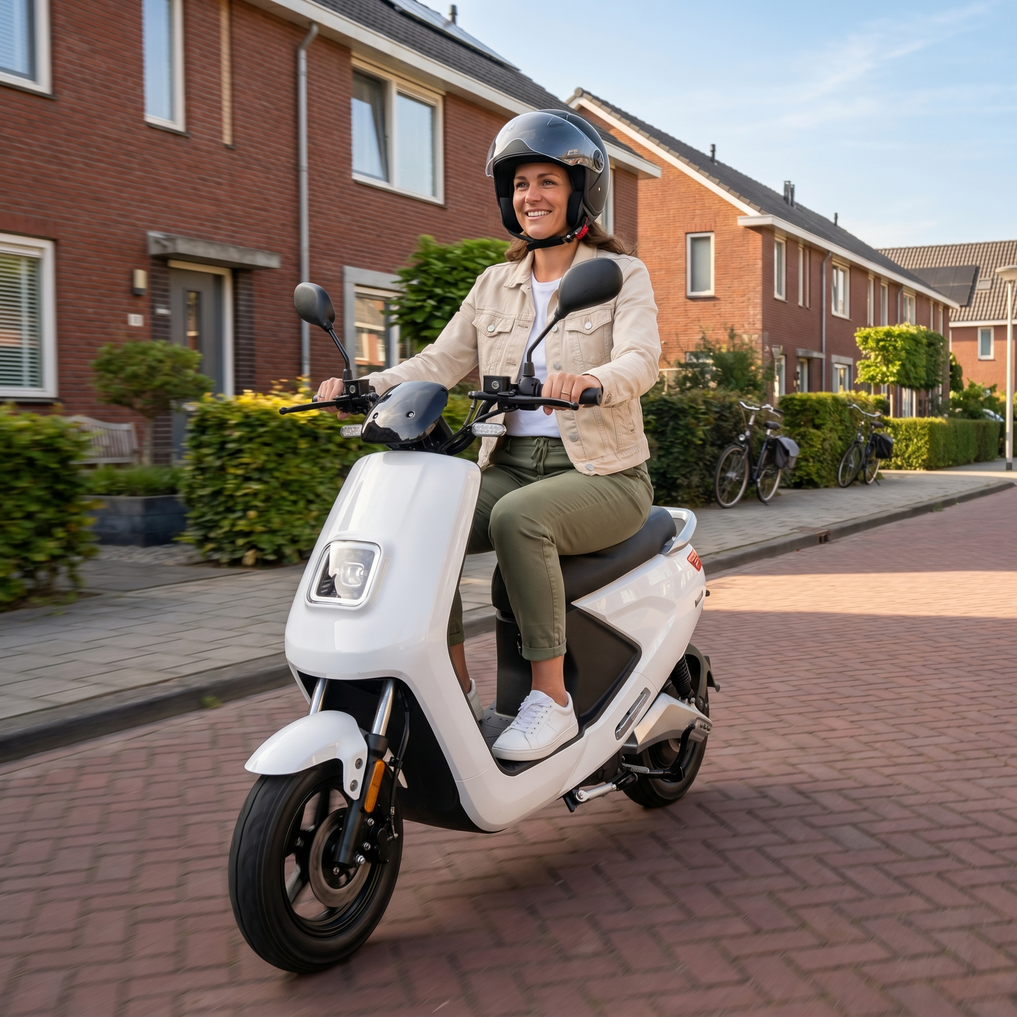 IVA E-GO S4 witte e-scooter met plat deck en handvatten, klaar voor gebruik op de straat.