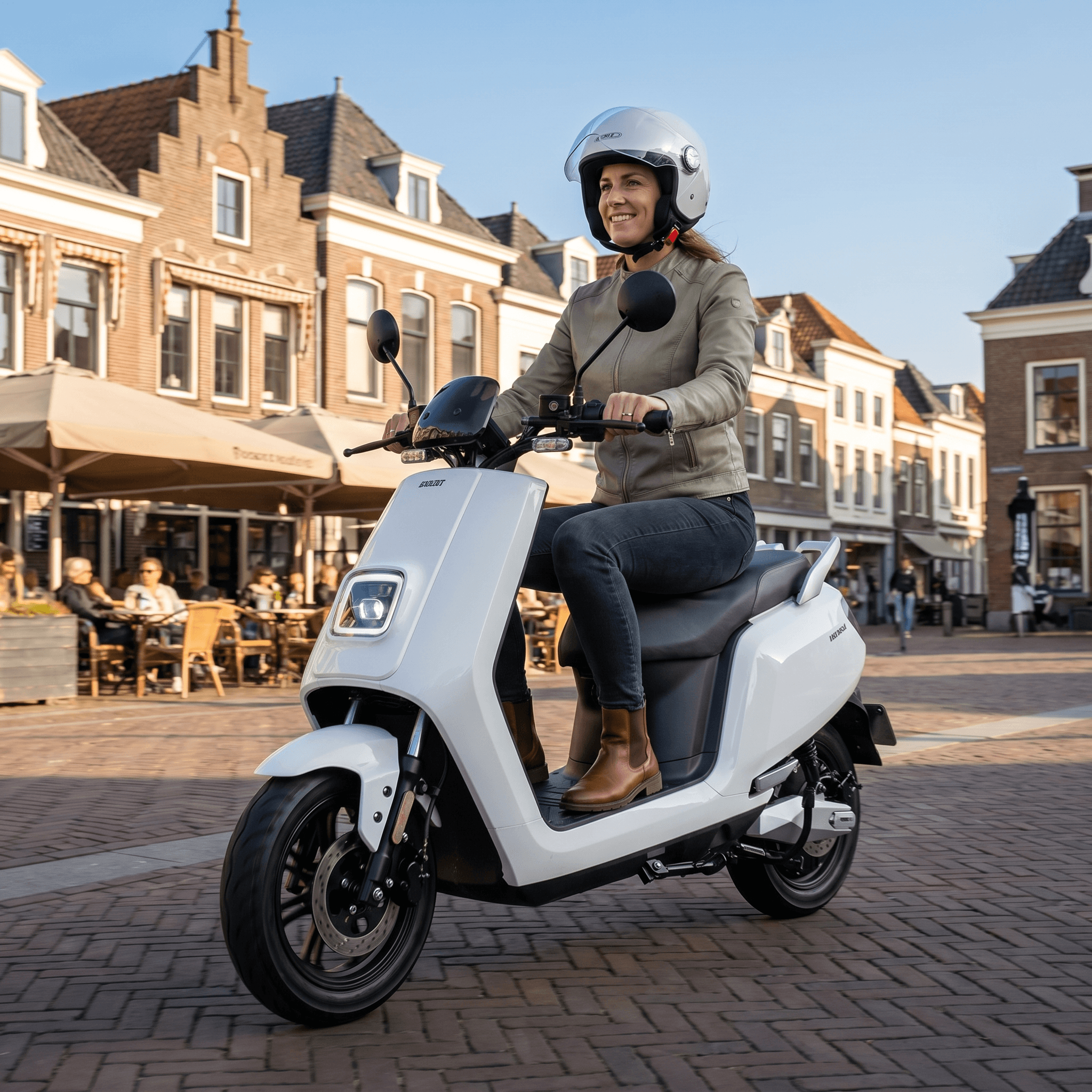 IVA E-GO S5 witte elektrische scooter met handvat en wielen, geschikt voor stadsvervoer en korte afstanden.