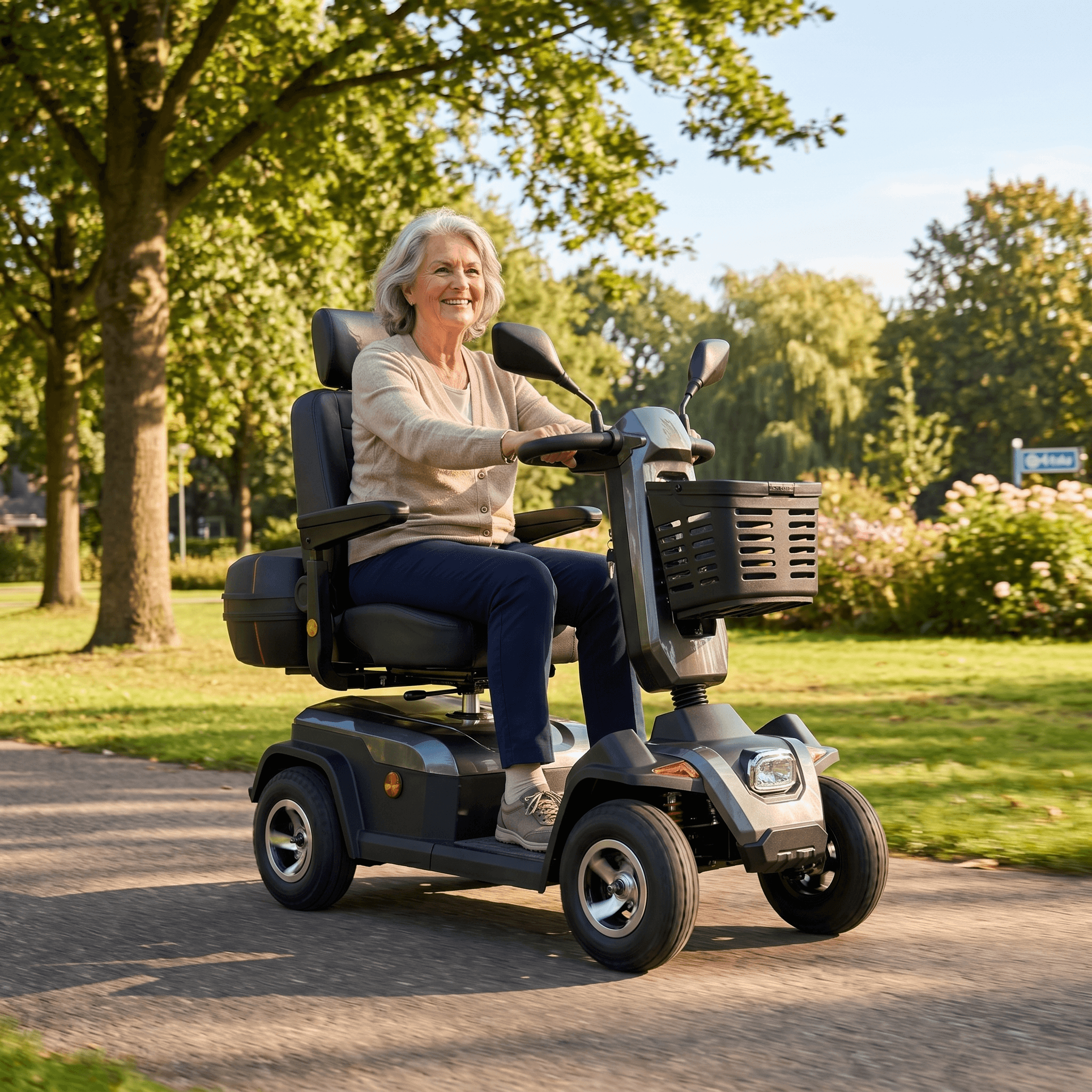 IVA Rider 700 grijze scootmobiel met stuur en zitplaats, geschikt voor mobiliteitsondersteuning.