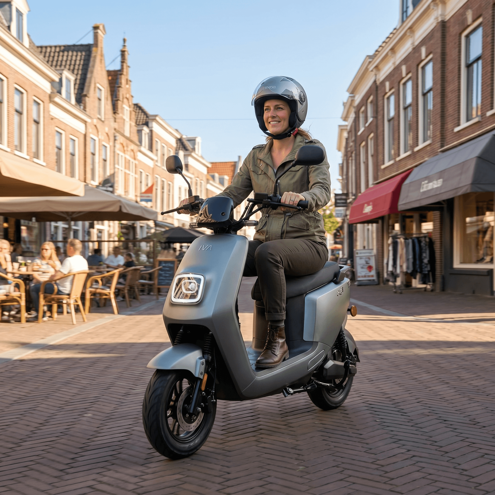 IVA E-GO S4 2.0 e-scooter in matgroen, close-up van het ontwerp en de wielen, voor stadsvervoer en mobiliteit.