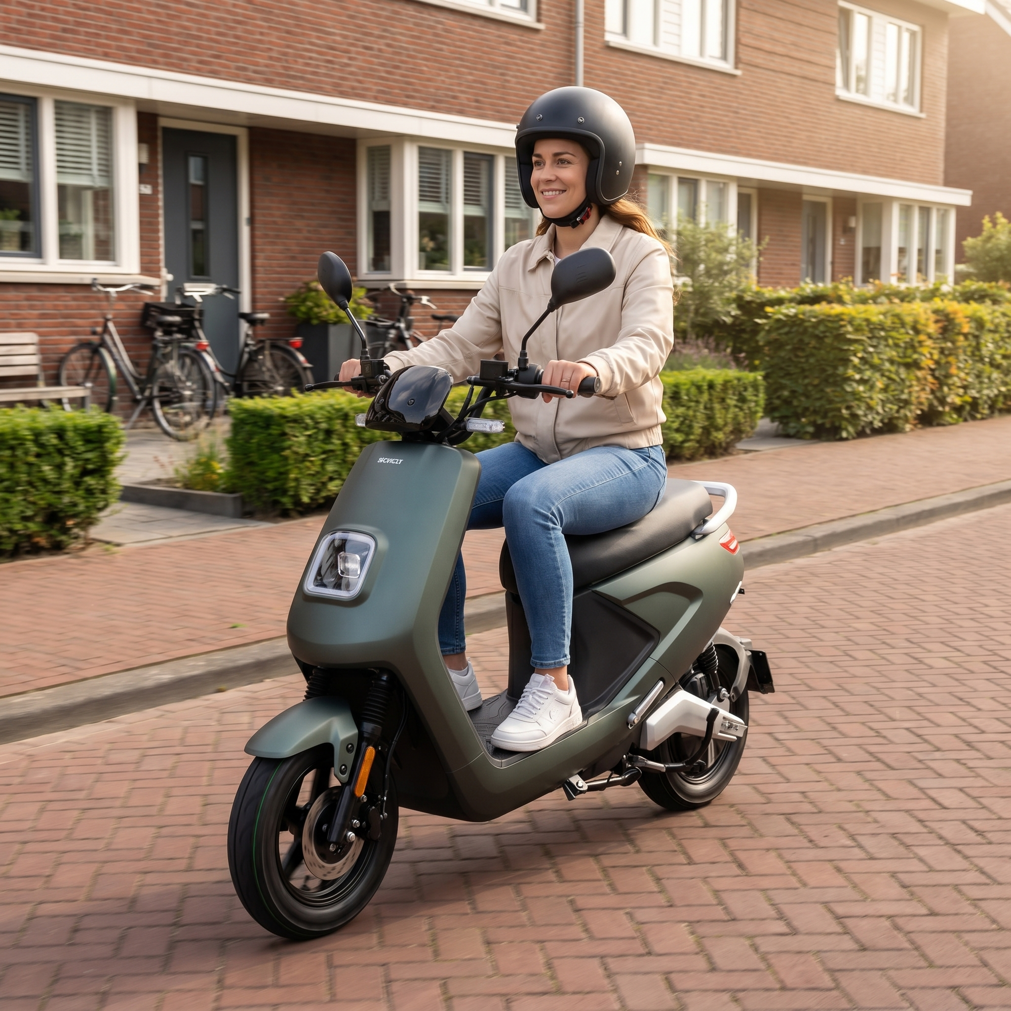 IVA E-GO S4 elektrische scooter in matgroen, zichtbaar met zadel en stuur, geschikt voor stadsvervoer.