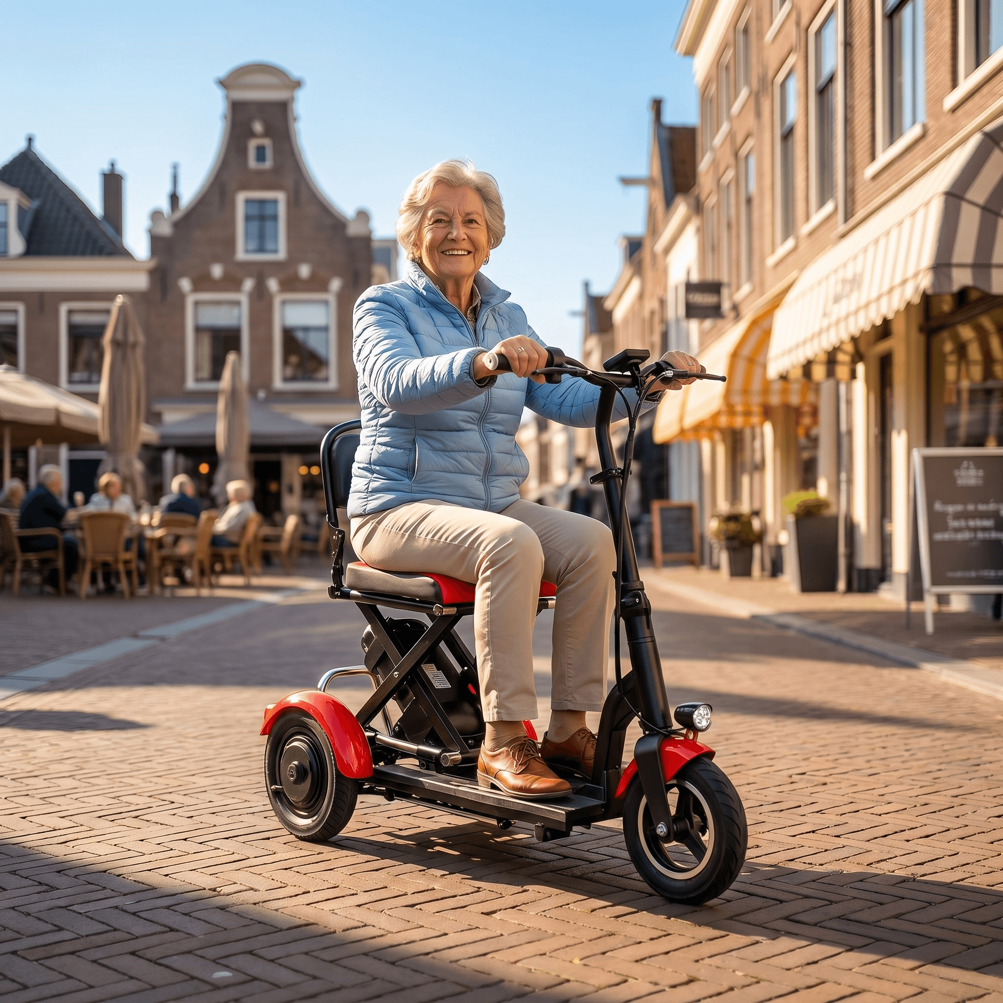 IVA Traveler 300 scootmobiel in rood, met comfortabele zitting en stuur, ontworpen voor gemakkelijke mobiliteit.